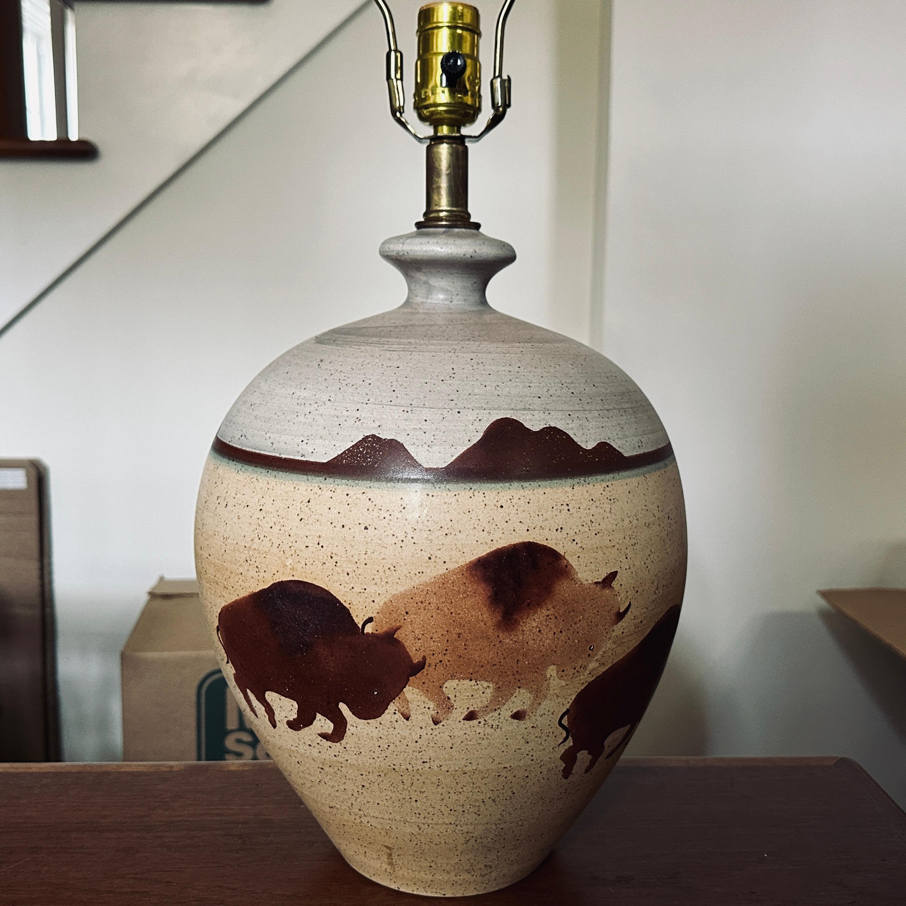 Native American Western Landscape Bison Lamp by California Ceramic Designers Inc. For Sale