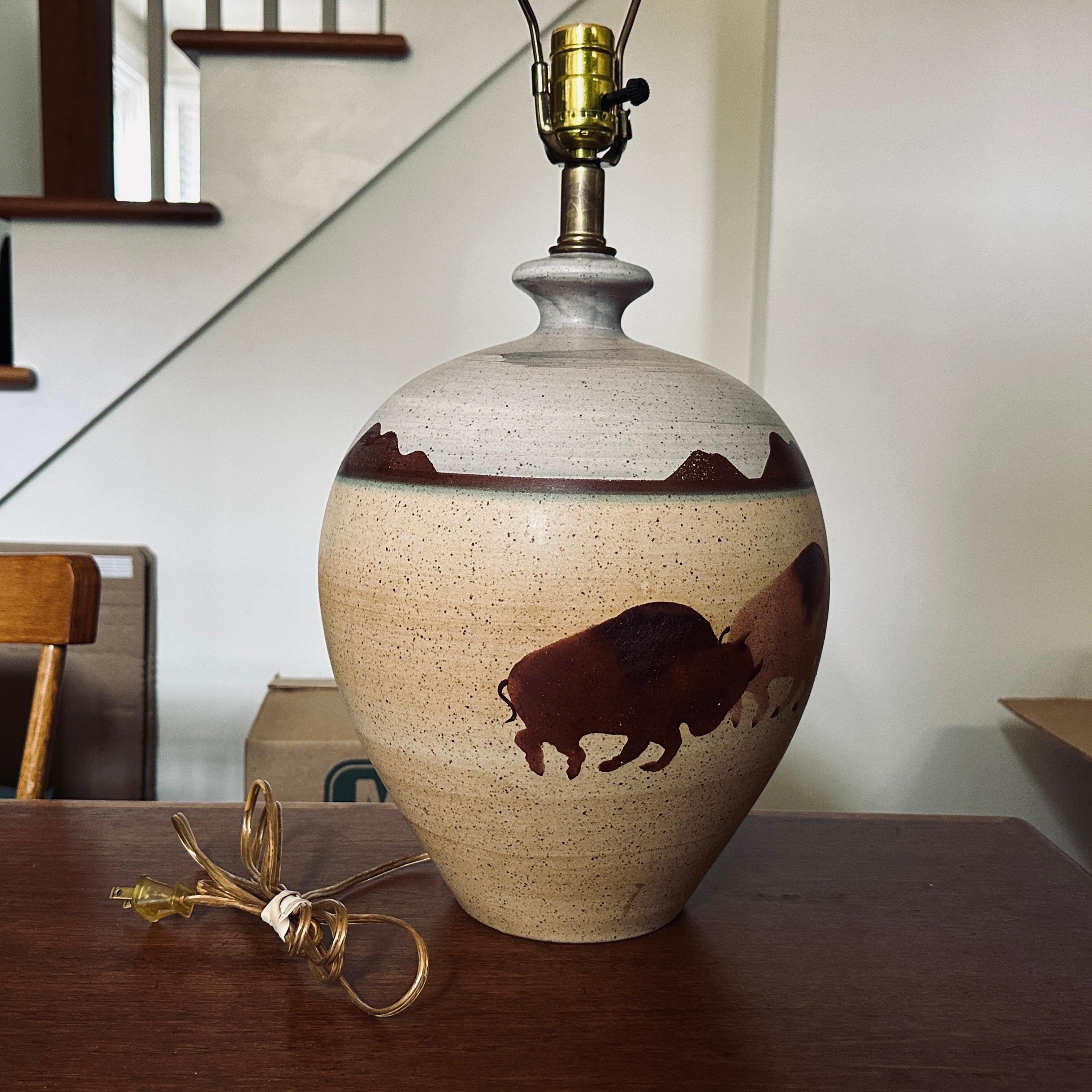 20th Century Western Landscape Bison Lamp by California Ceramic Designers Inc. For Sale