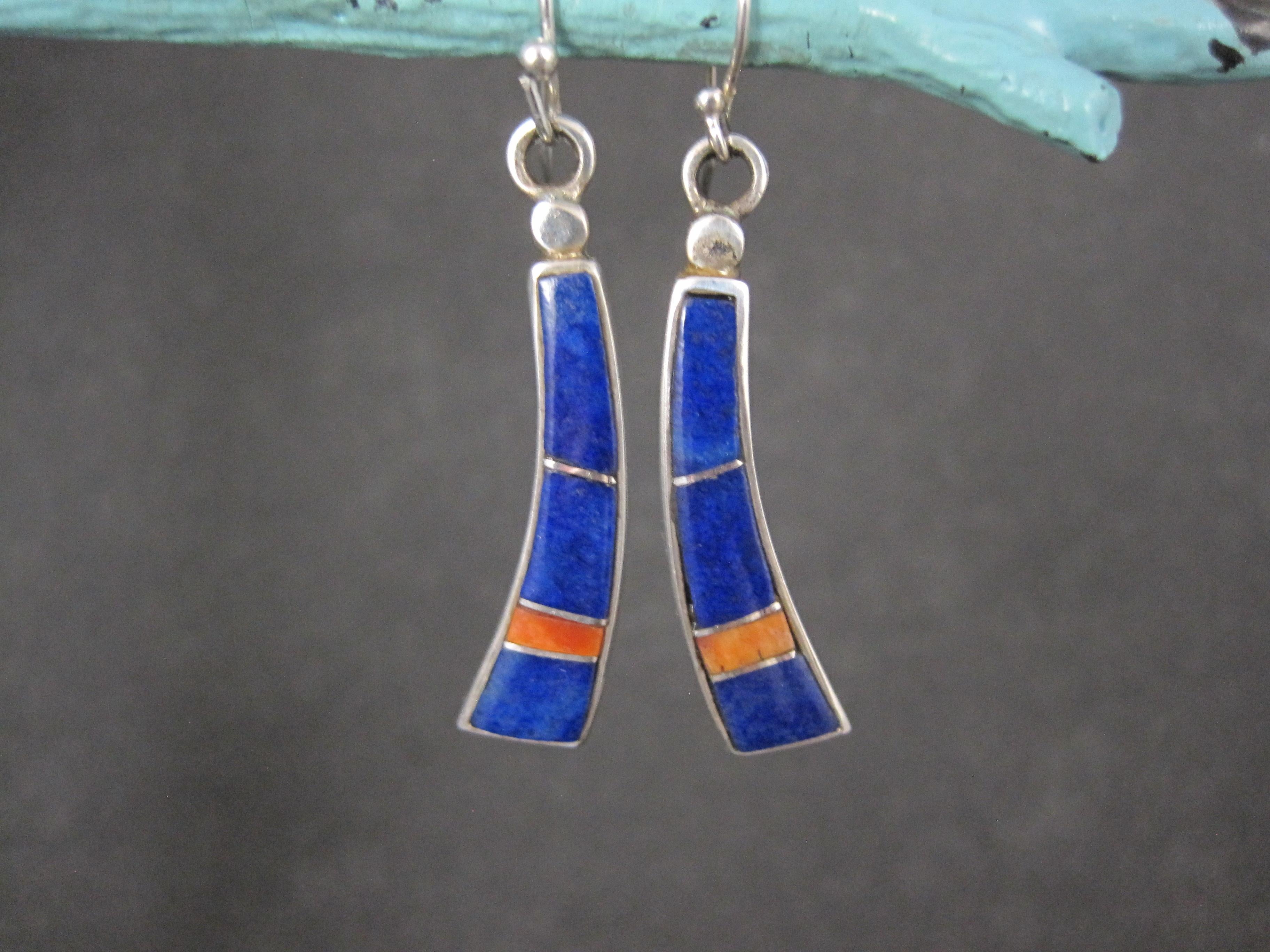 Native American Vintage Southwestern Lapis Lazuli Spiny Oyster Inlay Earrings Sterling Silver For Sale