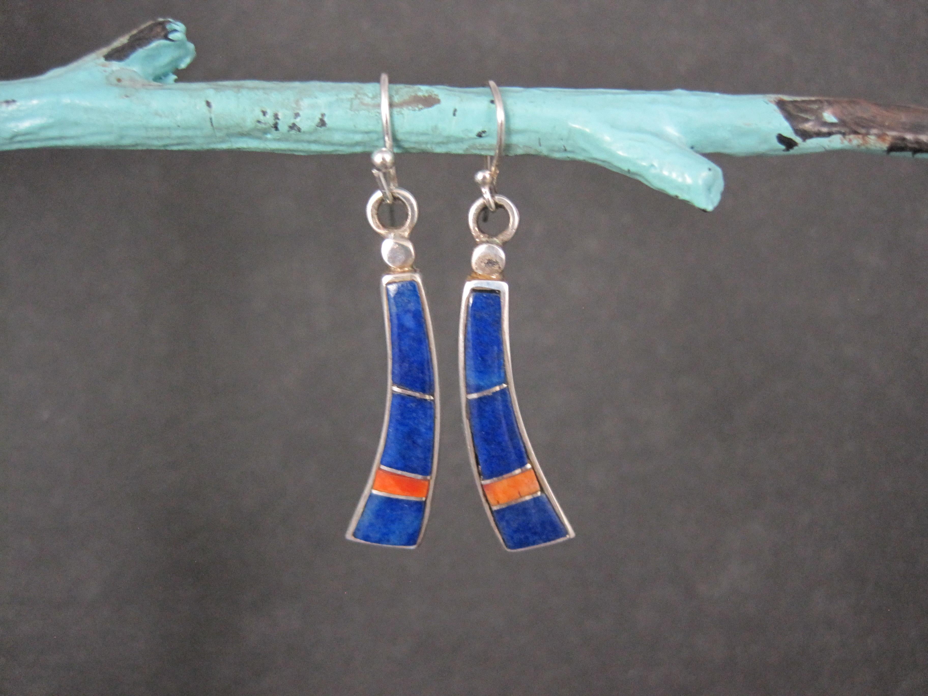 Mixed Cut Vintage Southwestern Lapis Lazuli Spiny Oyster Inlay Earrings Sterling Silver For Sale