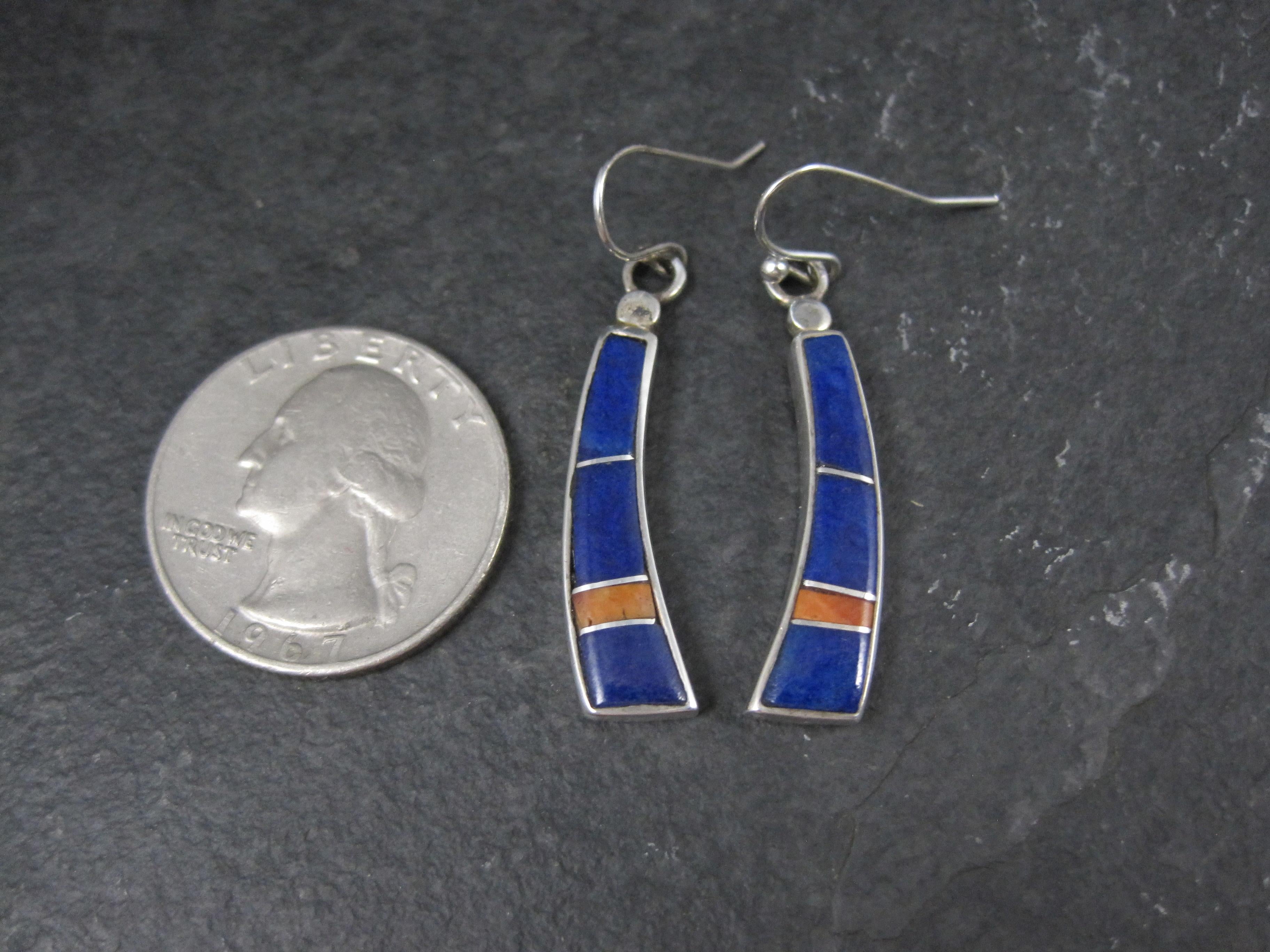 Women's or Men's Vintage Southwestern Lapis Lazuli Spiny Oyster Inlay Earrings Sterling Silver For Sale
