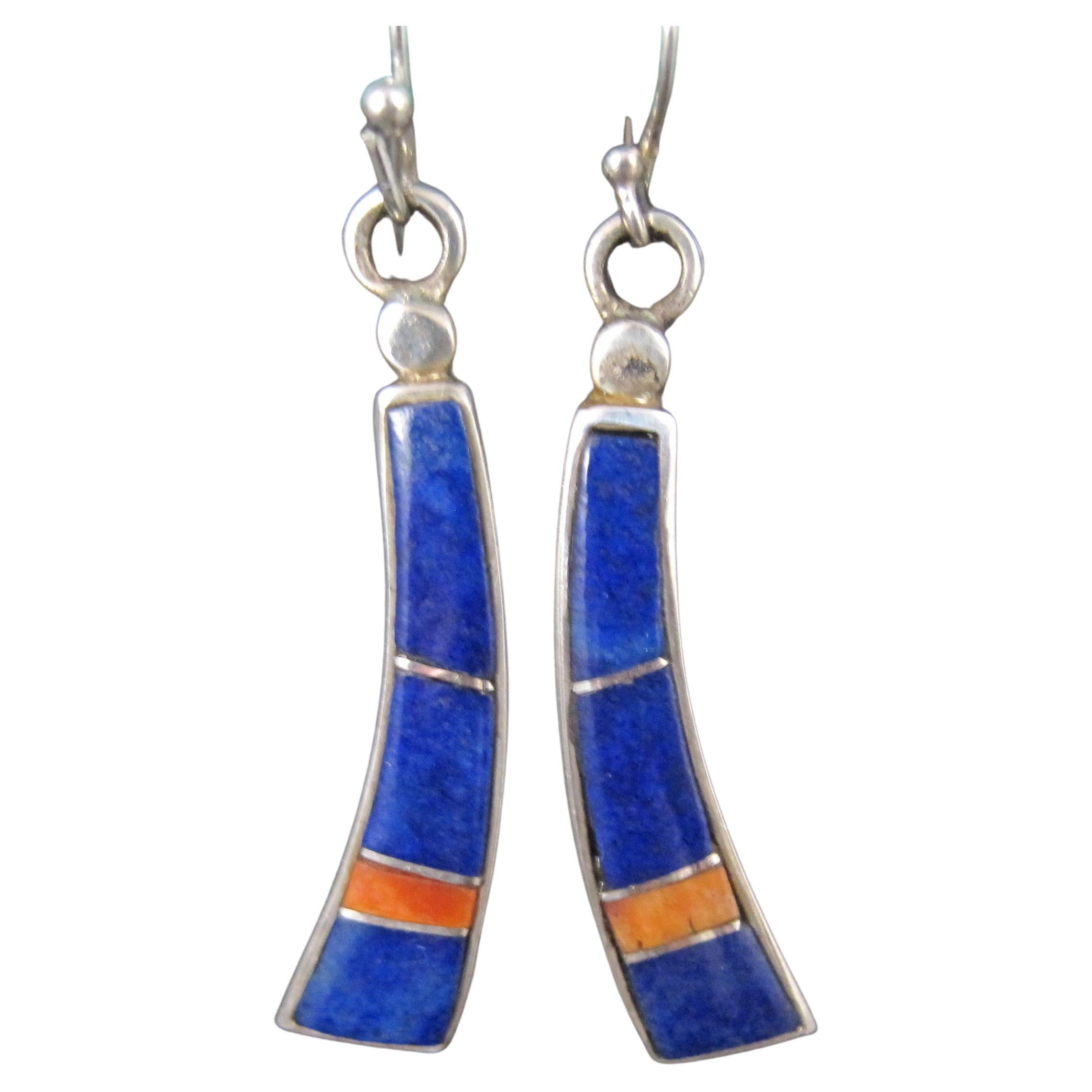 Vintage Southwestern Lapis Lazuli Spiny Oyster Inlay Earrings Sterling Silver For Sale