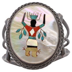 Vintage Southwestern Mother of Pearl Multistone Figural Inlay Cuff