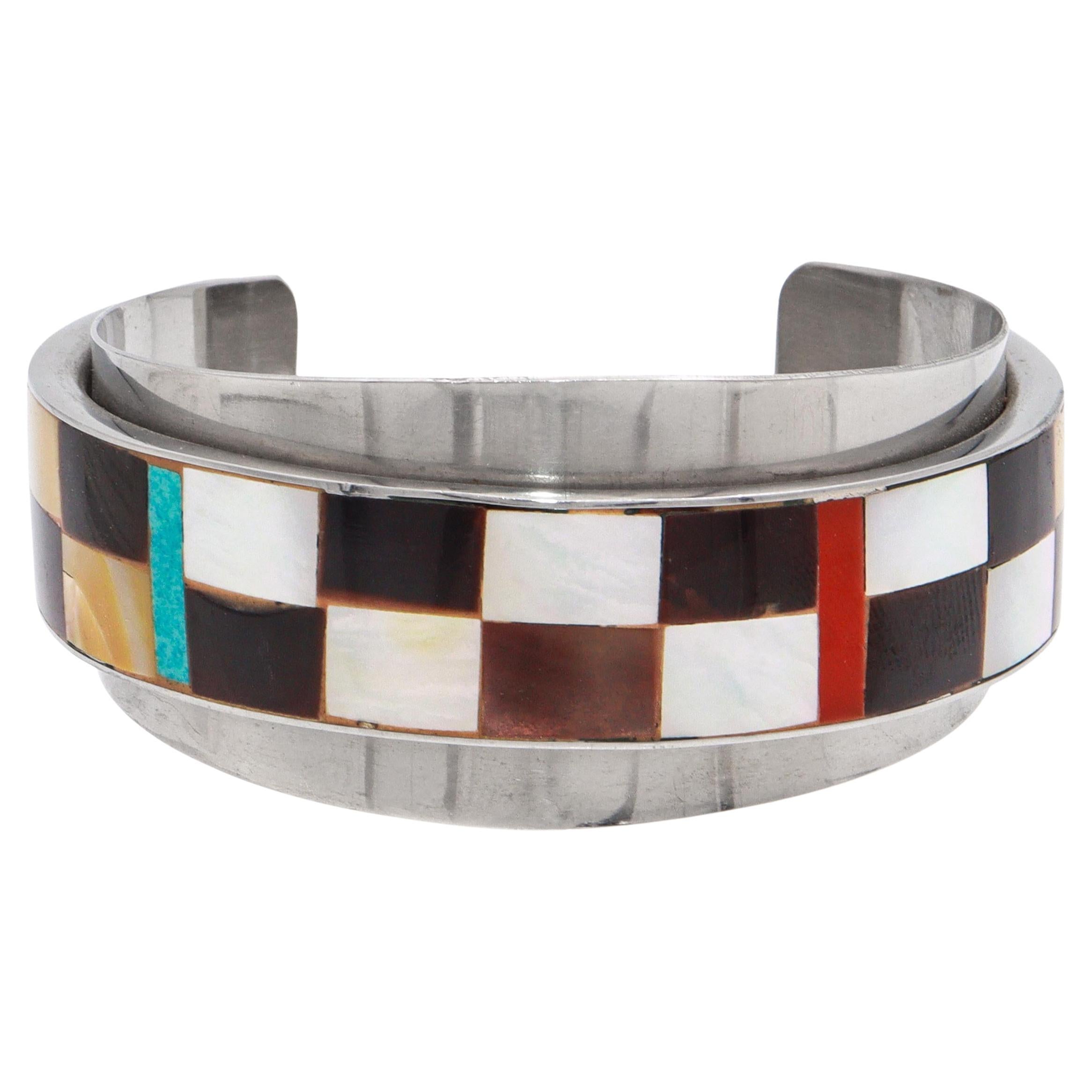 Vintage Southwestern Multi-Stone Inlay Mosaic Cuff Bracelet For Sale