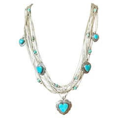 Vintage Southwestern Multi Strand Necklace with Turquoise Heart Pendants