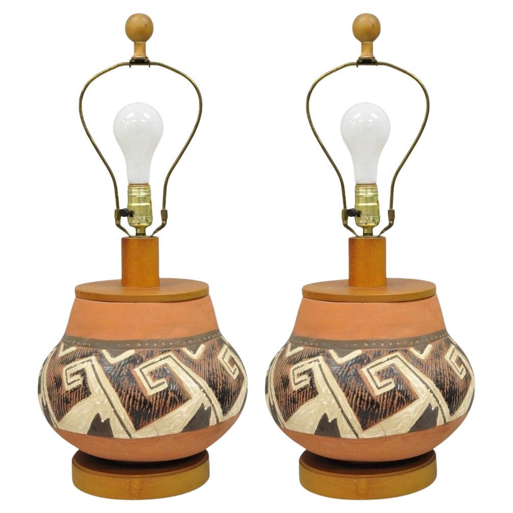 Vintage Southwestern Native American Terracotta Pottery Vase Table Lamp - a Pair For Sale