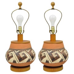 Vintage Southwestern Native American Terracotta Pottery Vase Table Lamp - a Pair