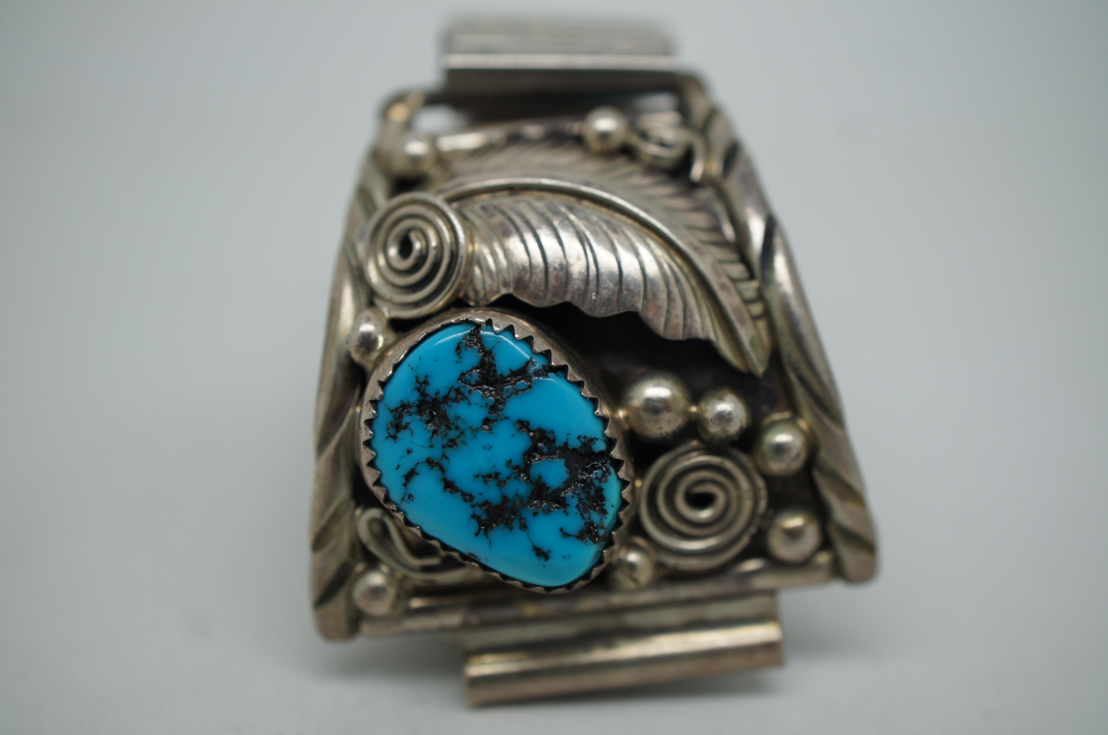 20th Century Vintage Southwestern Navajo AY Sterling Silver Turquoise Watch Band 50g