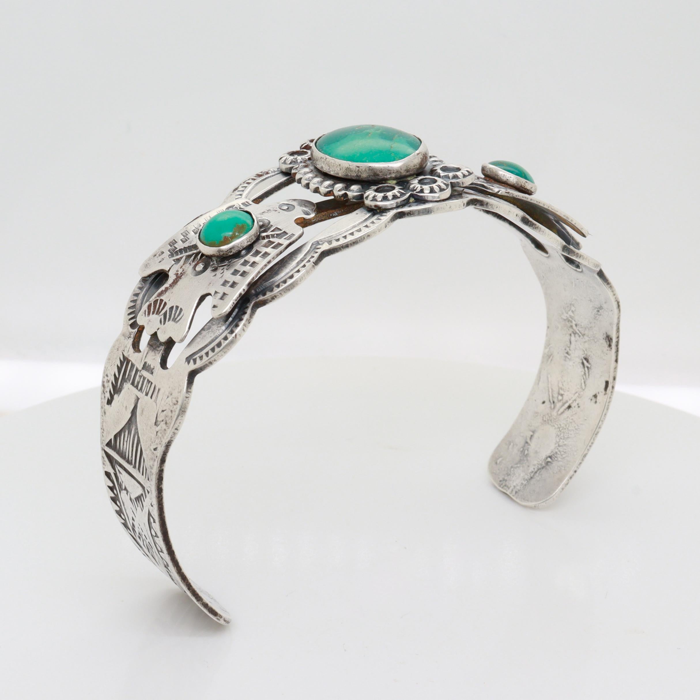 Vintage Southwestern Navajo Sterling Silver & Turquoise Cabochon Cuff Bracelet For Sale 6