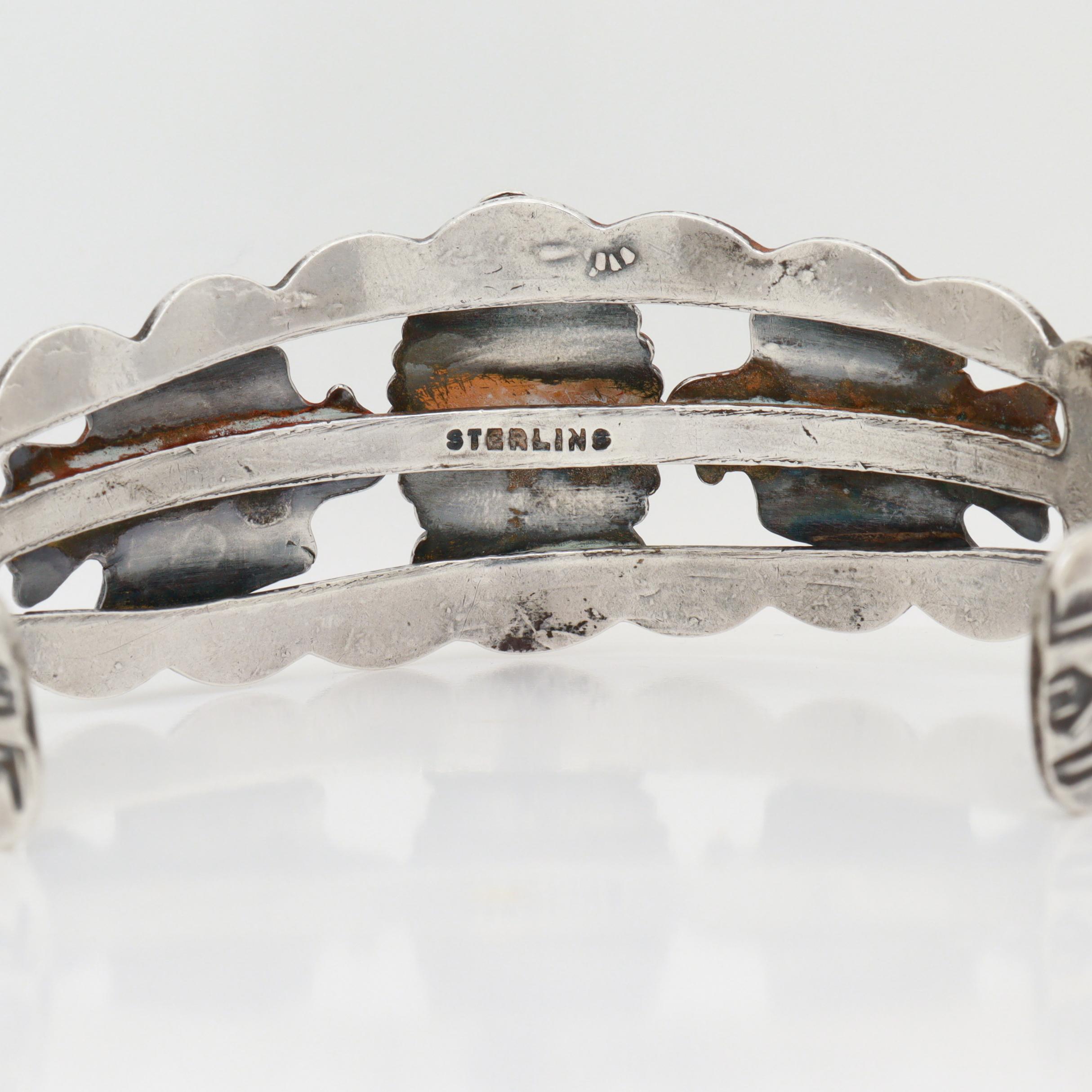 Vintage Southwestern Navajo Sterling Silver & Turquoise Cabochon Cuff Bracelet For Sale 7