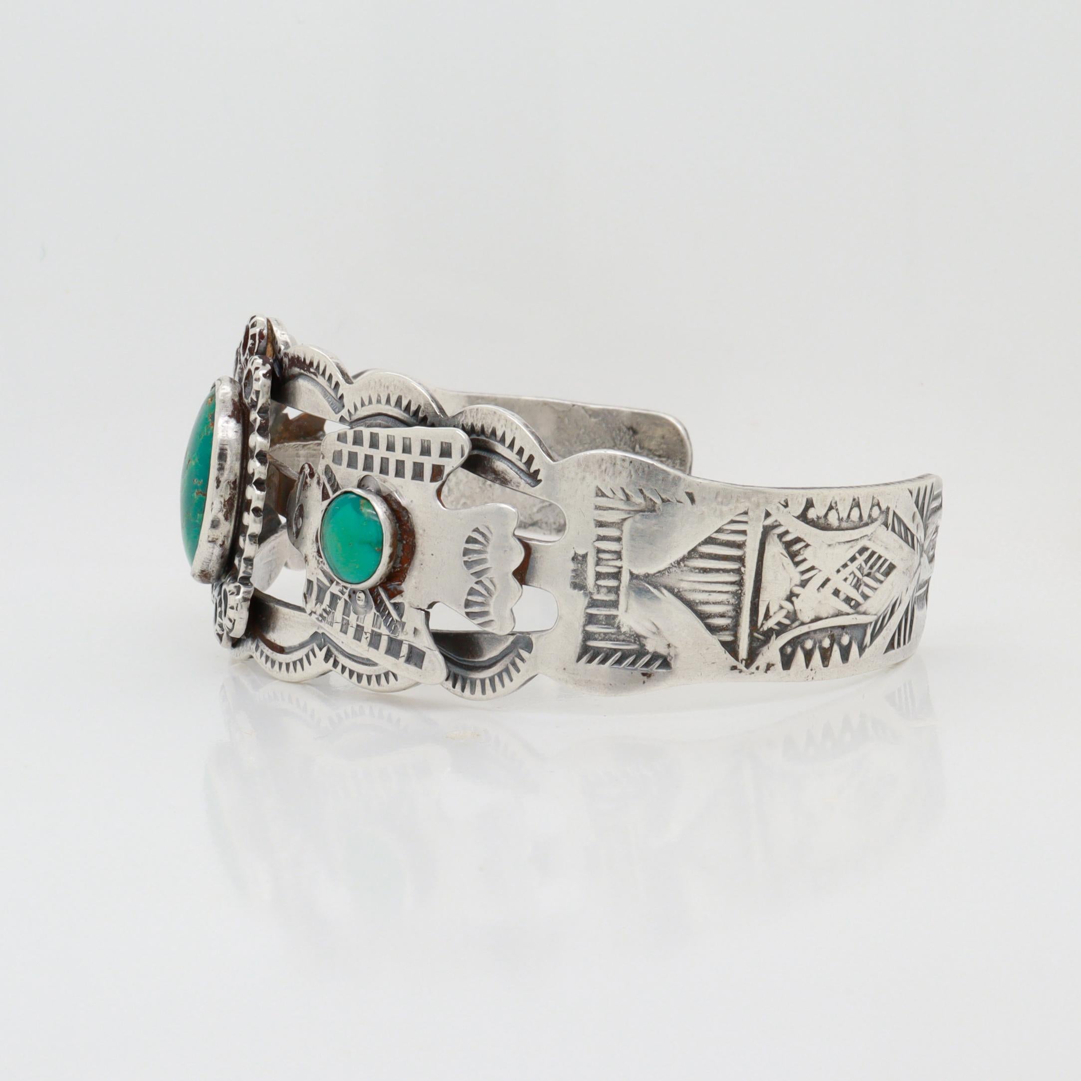 Vintage Southwestern Navajo Sterling Silver & Turquoise Cabochon Cuff Bracelet For Sale 1