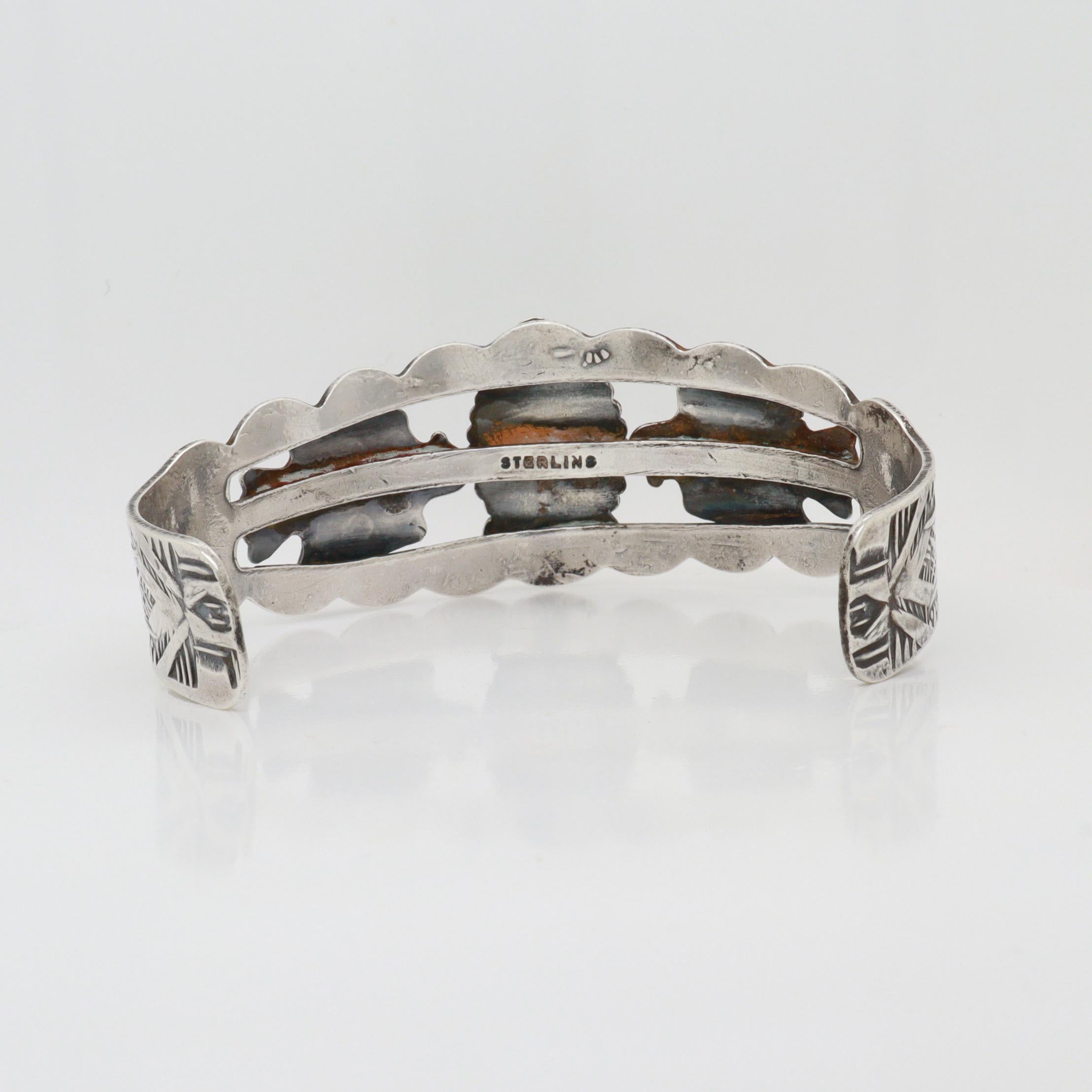 Vintage Southwestern Navajo Sterling Silver & Turquoise Cabochon Cuff Bracelet For Sale 2