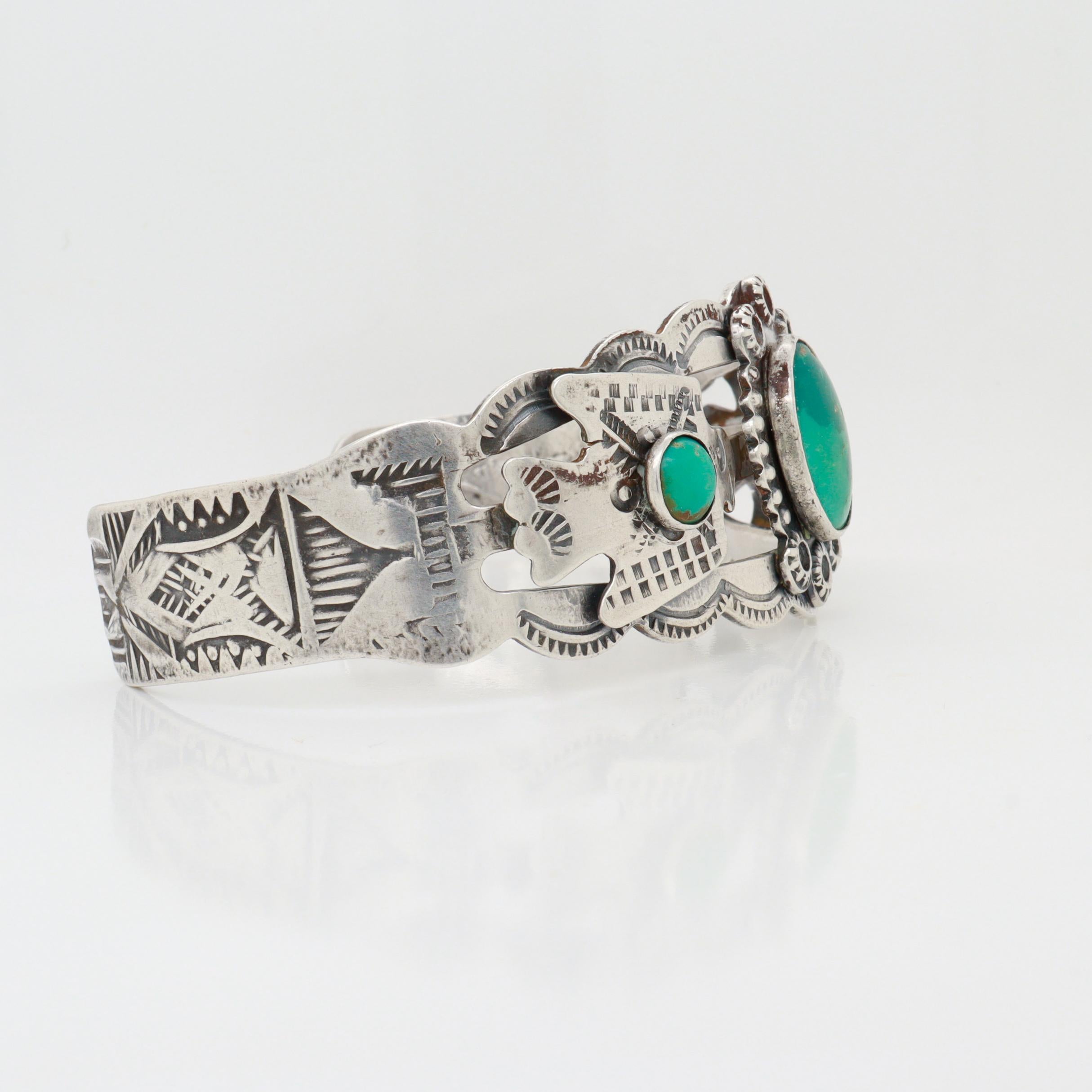 Vintage Southwestern Navajo Sterling Silver & Turquoise Cabochon Cuff Bracelet For Sale 4