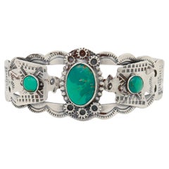 Vintage Southwestern Navajo Sterling Silver & Turquoise Cabochon Cuff Bracelet