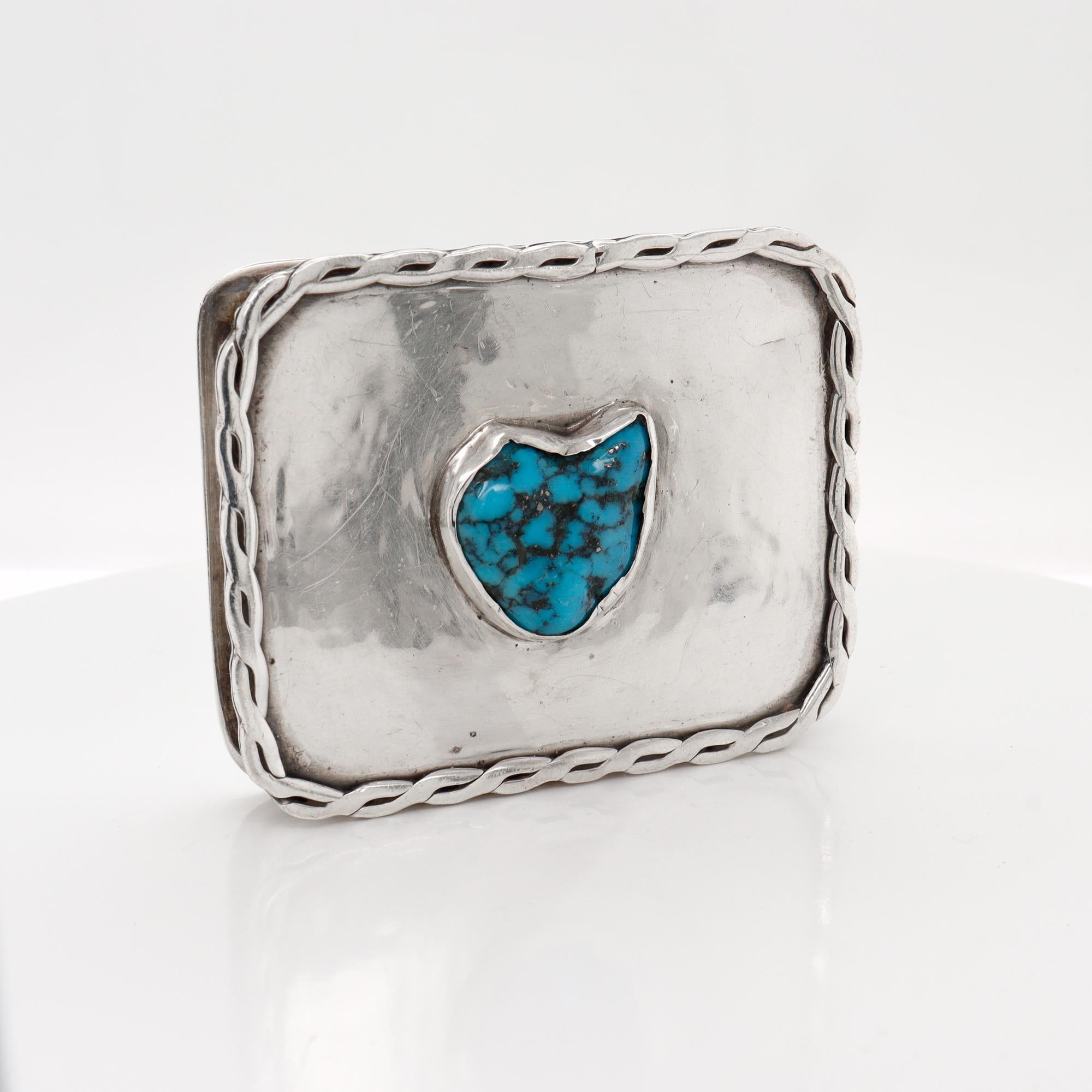 Vintage Southwestern Navajo Style Silver & Turquoise Covered Box For Sale 5