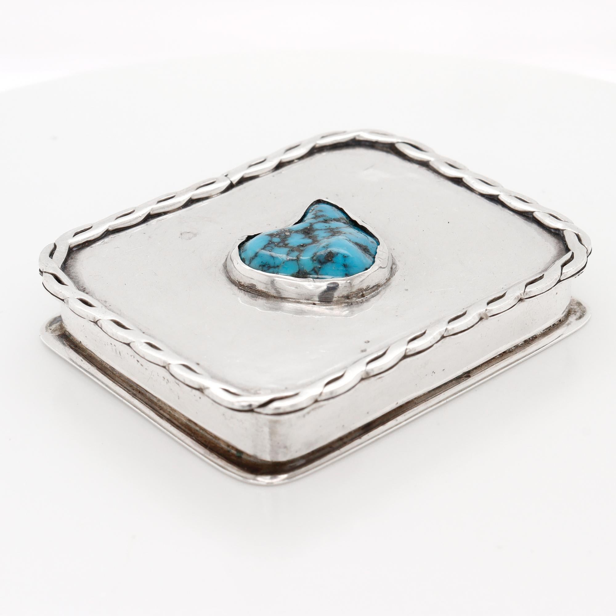 Native American Vintage Southwestern Navajo Style Silver & Turquoise Covered Box For Sale