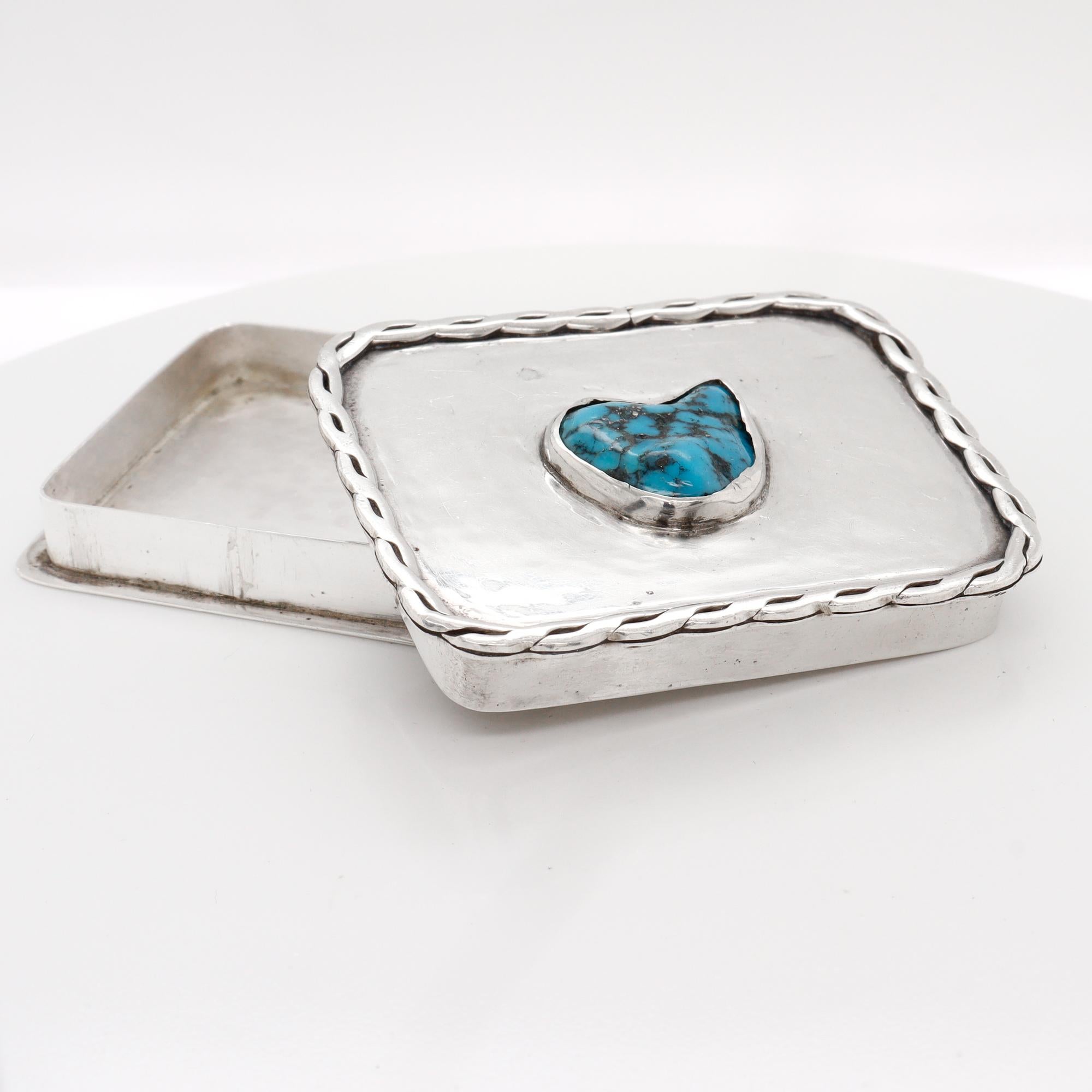 Cabochon Vintage Southwestern Navajo Style Silver & Turquoise Covered Box For Sale