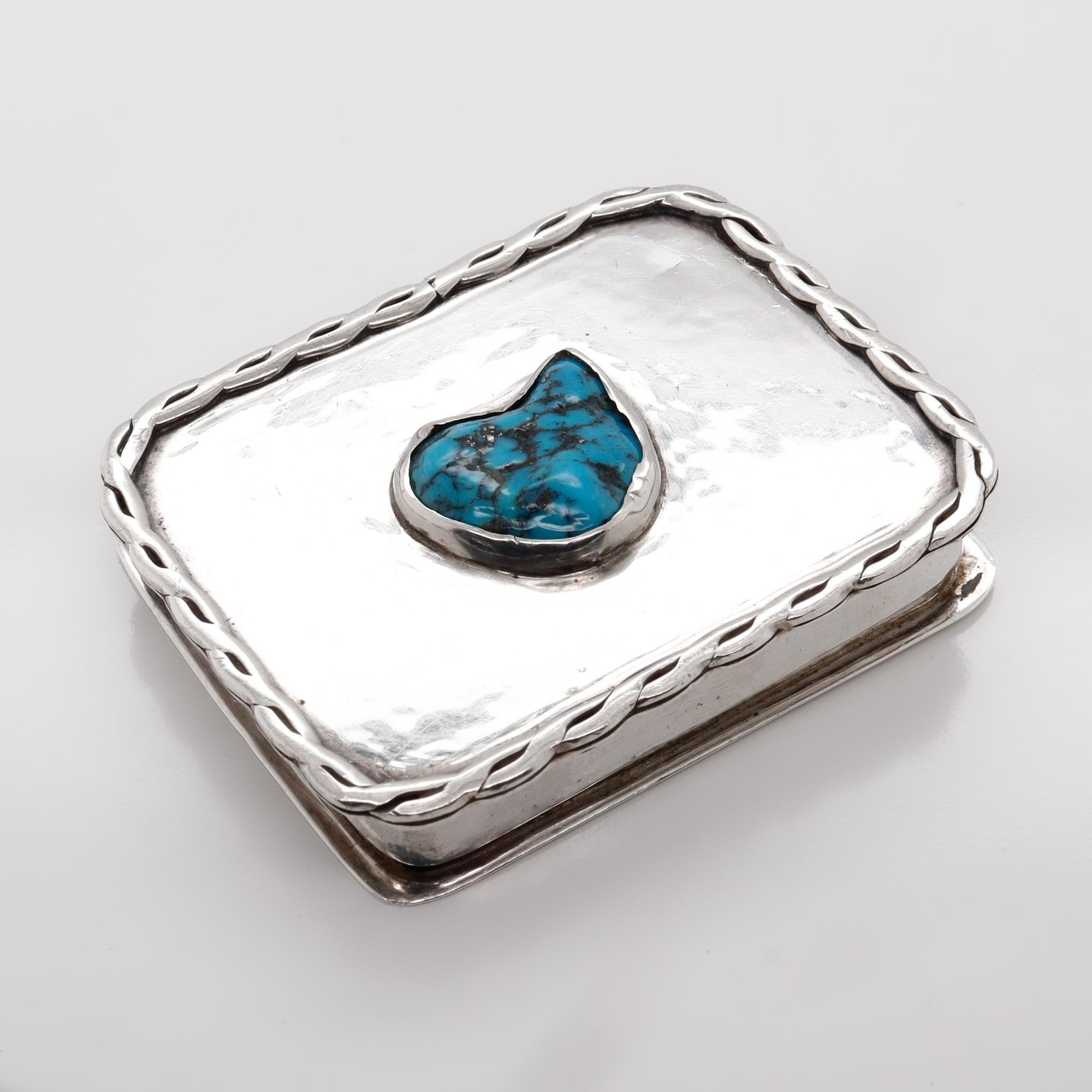 Vintage Southwestern Navajo Style Silver & Turquoise Covered Box In Good Condition For Sale In Philadelphia, PA