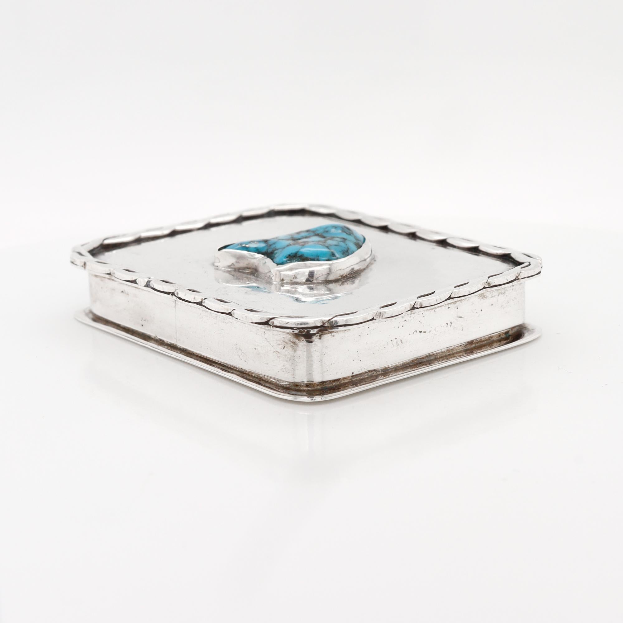 Vintage Southwestern Navajo Style Silver & Turquoise Covered Box For Sale 1