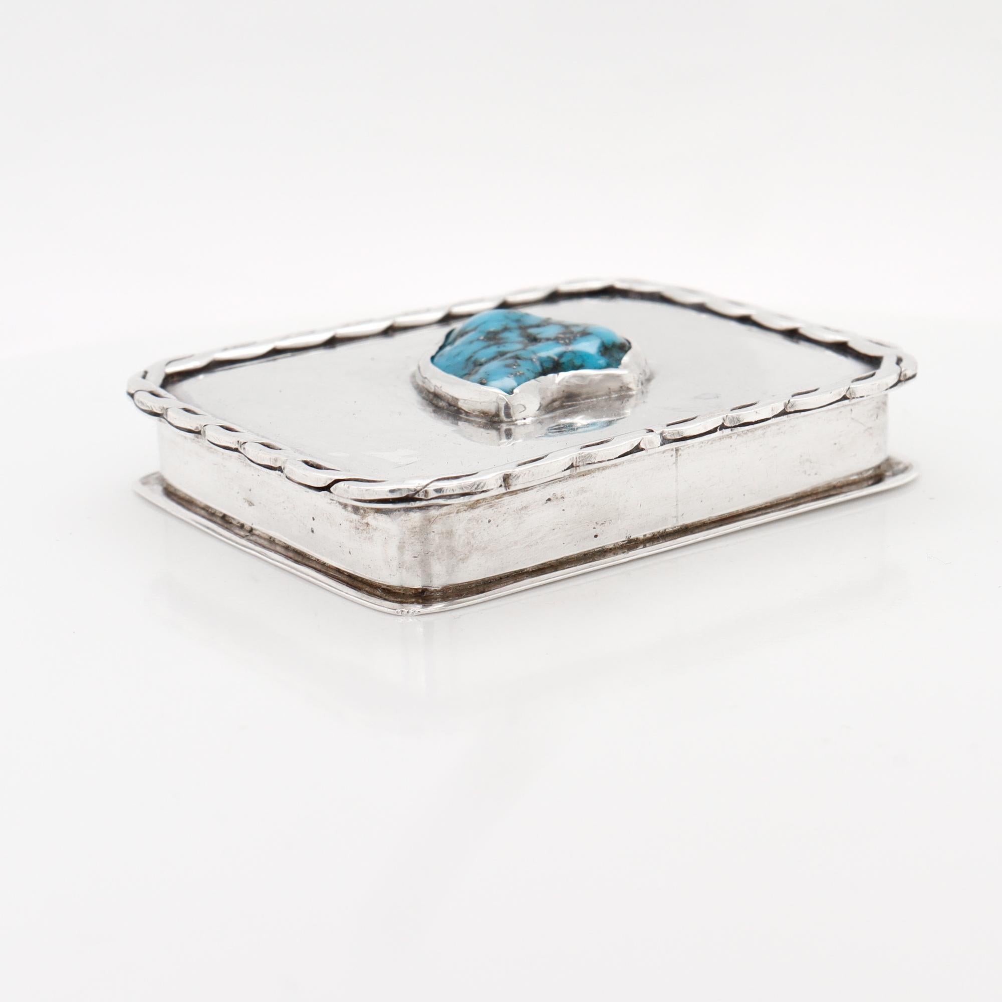 Vintage Southwestern Navajo Style Silver & Turquoise Covered Box For Sale 2