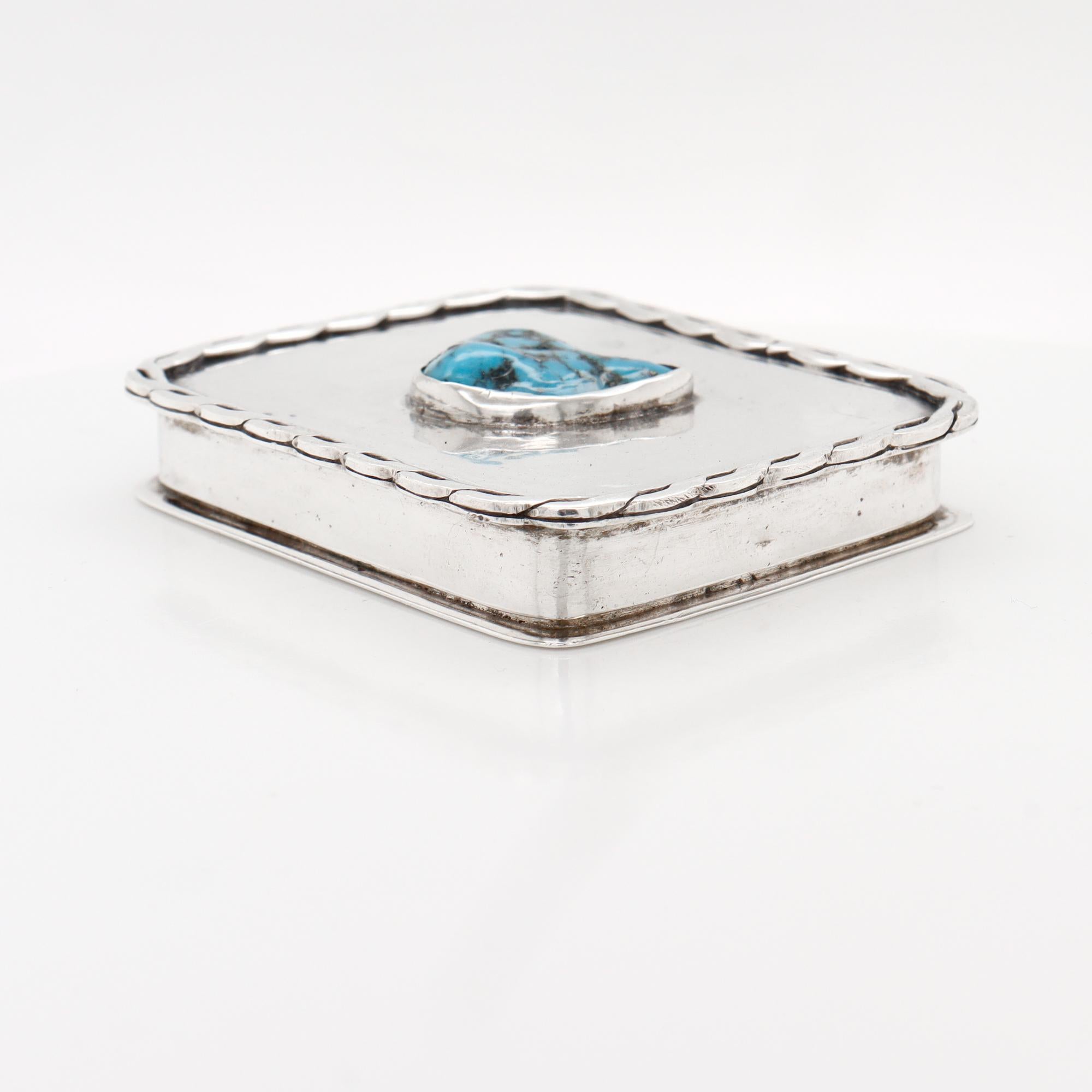 Vintage Southwestern Navajo Style Silver & Turquoise Covered Box For Sale 3