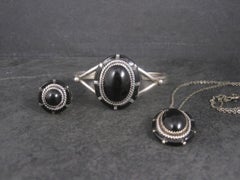 Vintage Southwestern Onyx Inlay Bracelet Pendant Ring Jewelry Set Size 5