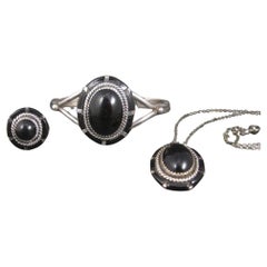 Vintage Südwestliches Onyx-Intarsien-Armband-Anhänger-Ring-Schmuck-Set Größe 5