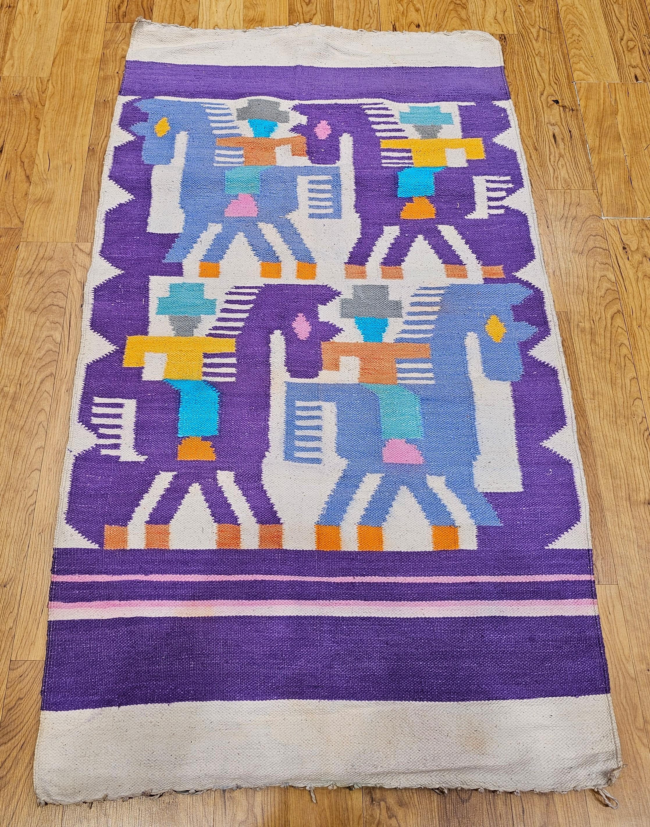 Celebrate the spirit of the American Southwest with this vintage pictorial kilim area rug, handwoven in the late 20th century. This striking piece features a cowboy on horseback—a classic Southwestern motif—beautifully rendered in a vivid color