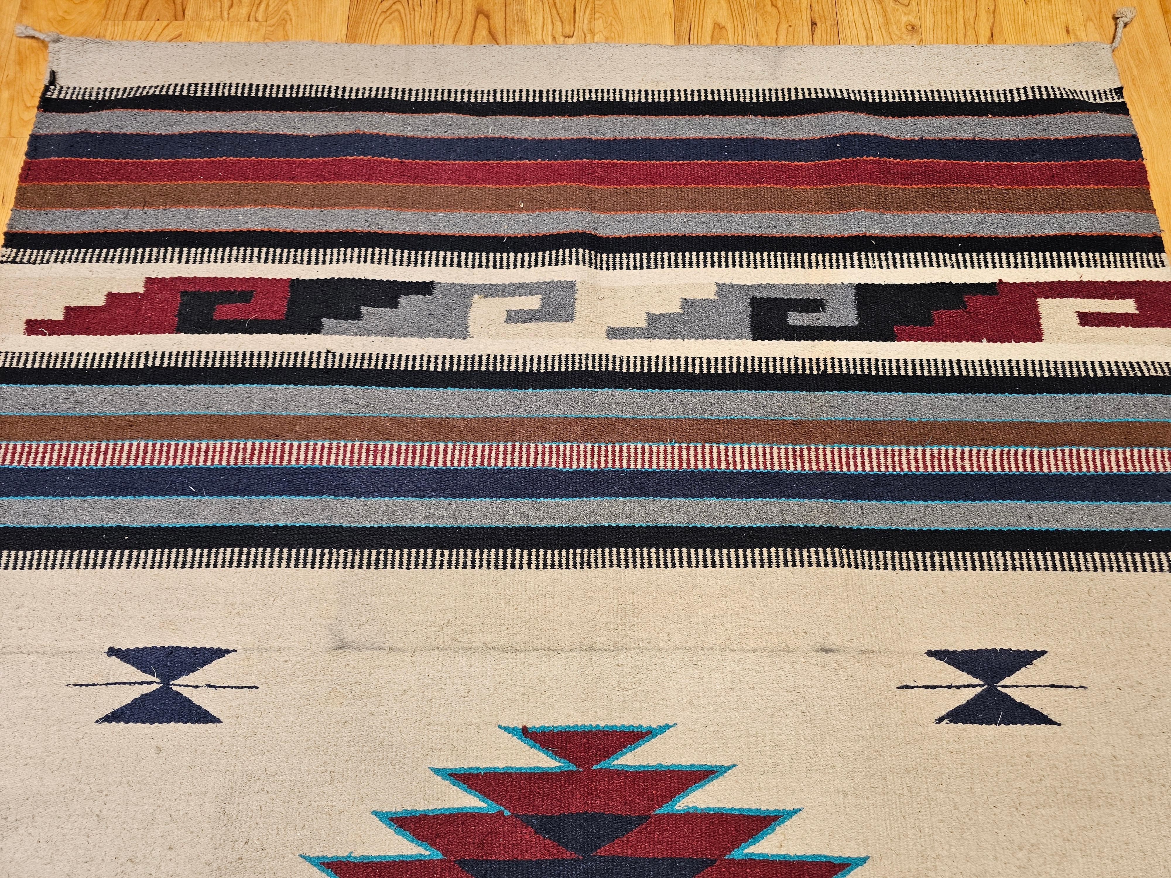 Vintage American Southwestern Saltillo Kilim Rug in Ivory, Burgundy, Turquoise For Sale 3