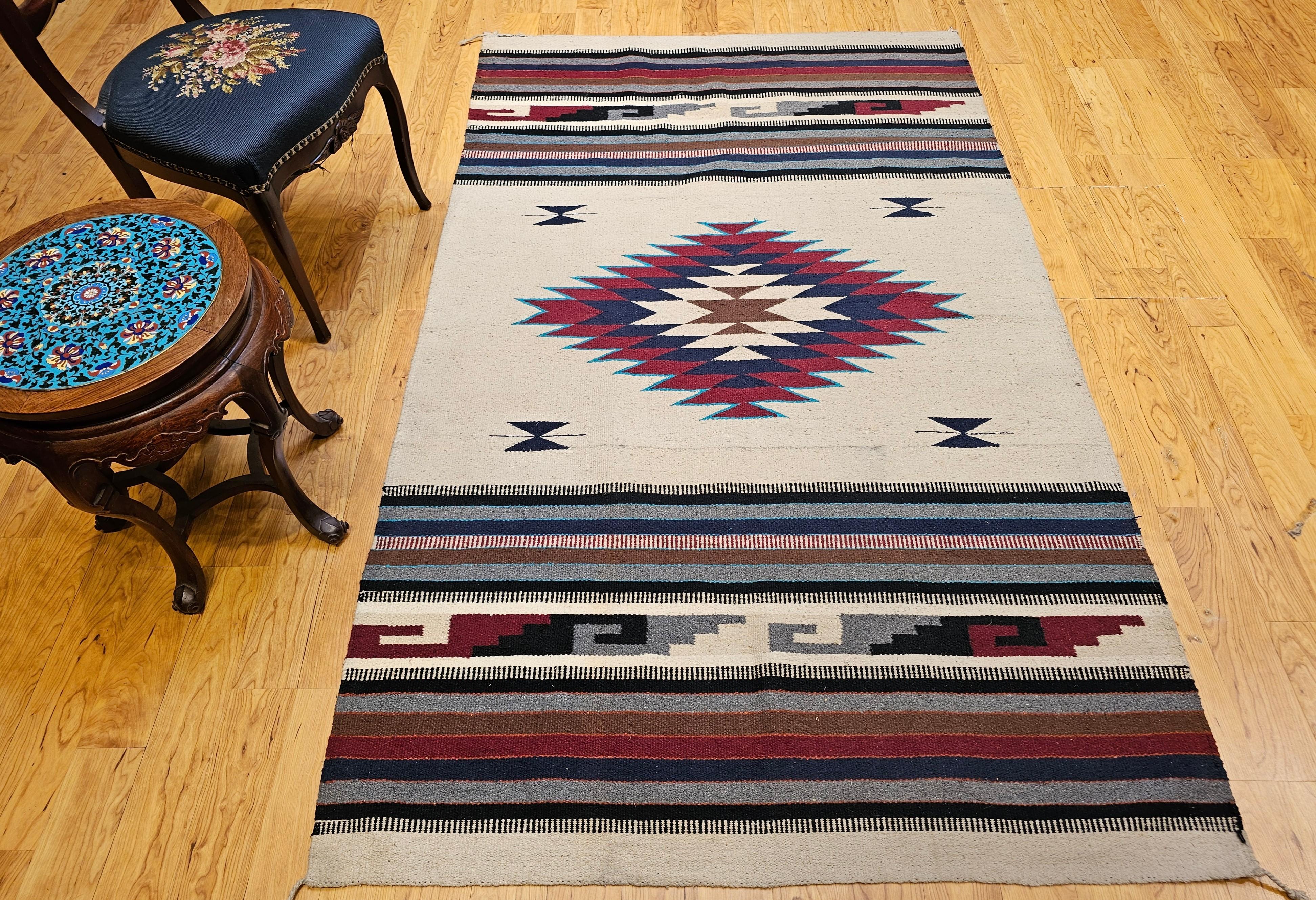 Vintage American Southwestern Saltillo Kilim Rug in Ivory, Burgundy, Turquoise For Sale 9