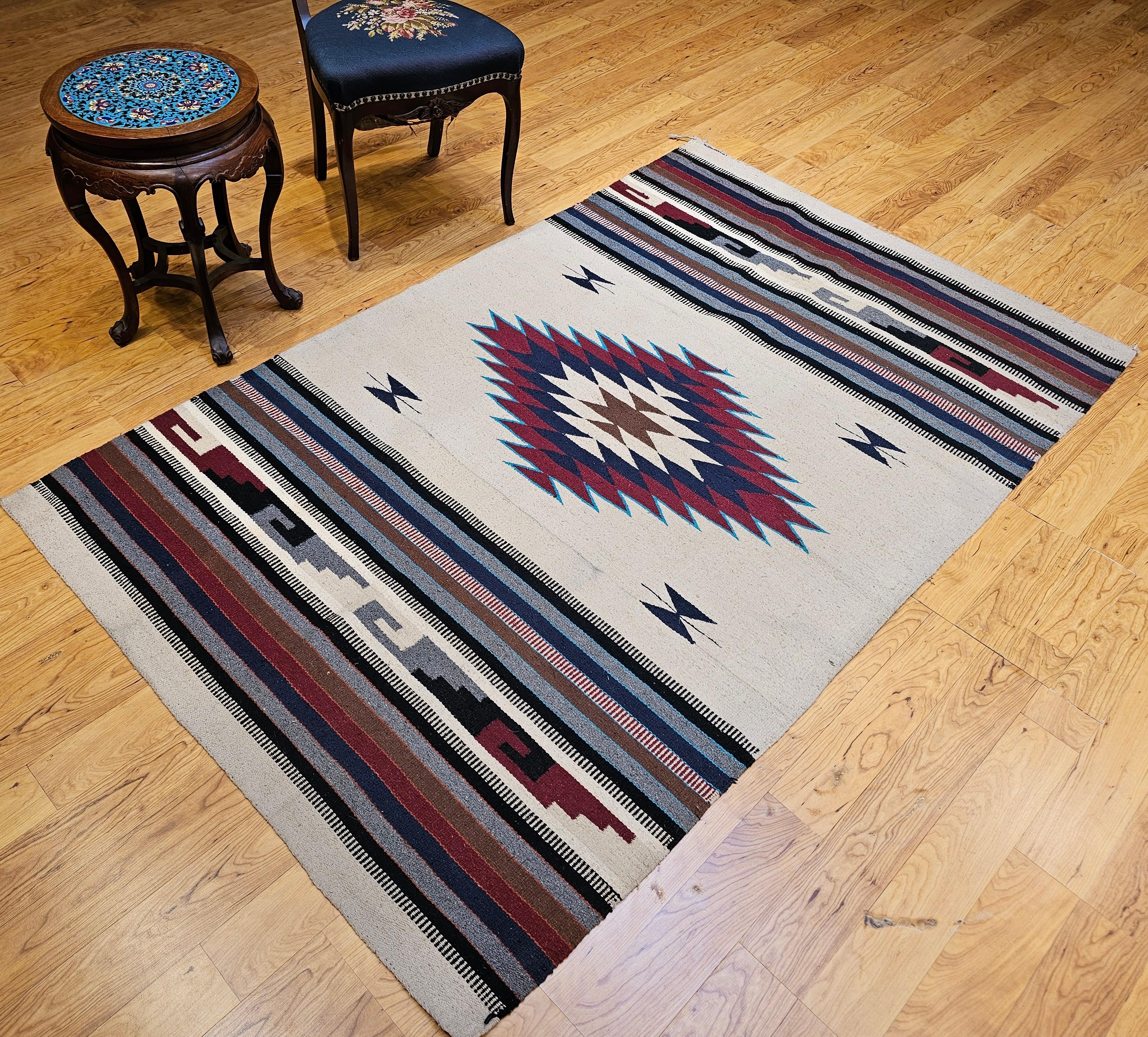 Vintage American Southwestern Saltillo Kilim Rug in Ivory, Burgundy, Turquoise For Sale 10