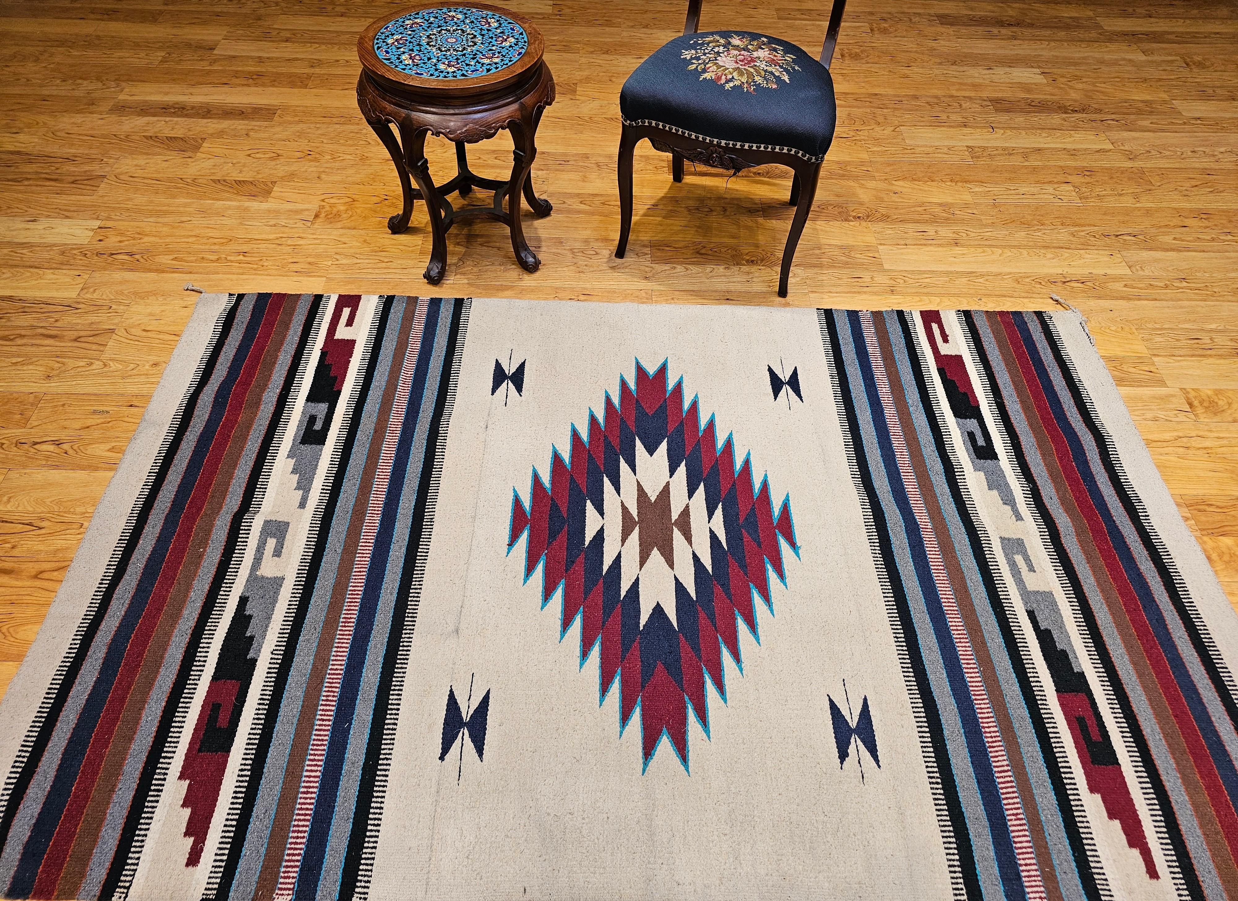 Vintage American Southwestern Saltillo Kilim Rug in Ivory, Burgundy, Turquoise For Sale 11