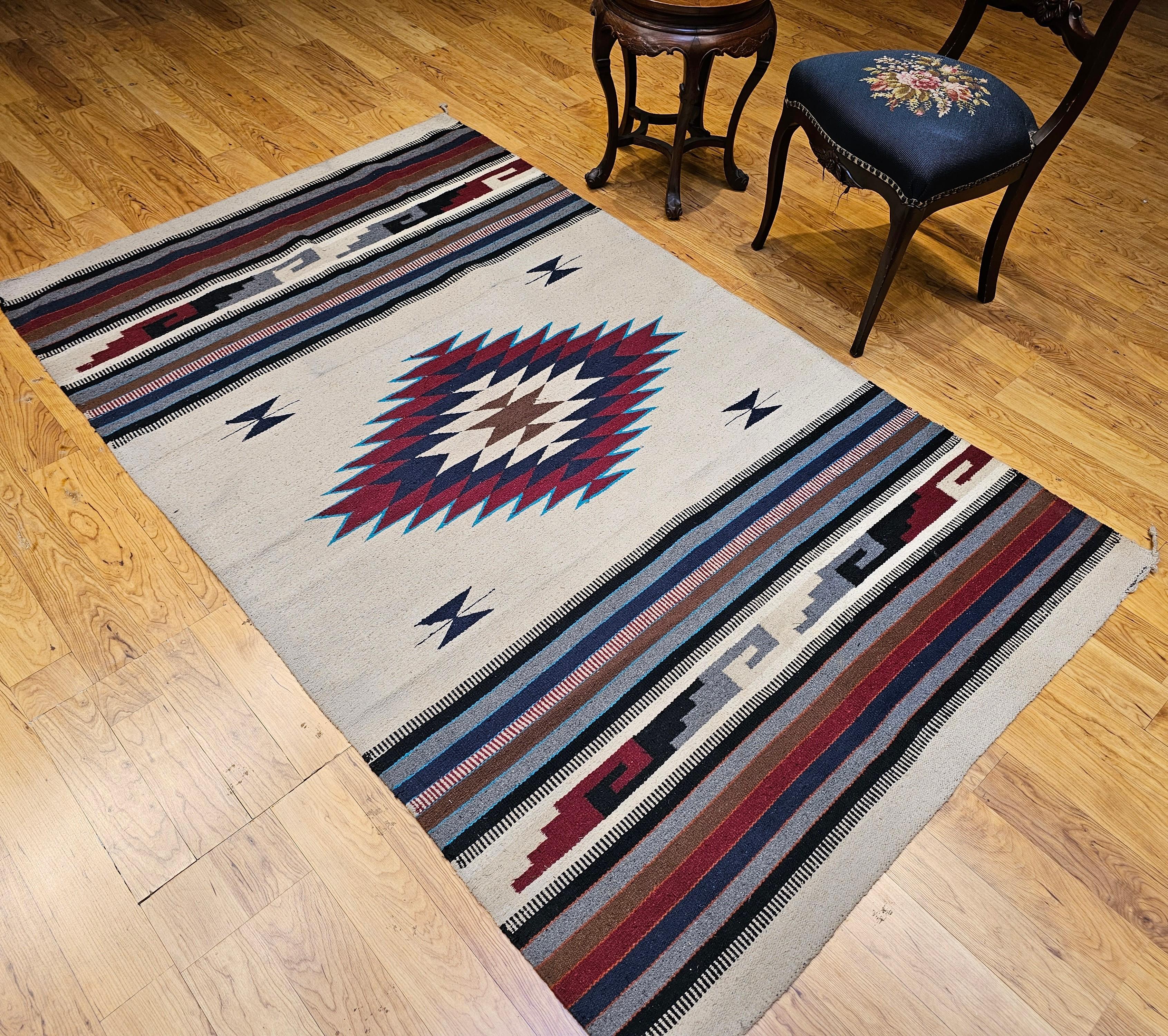 Vintage American Southwestern Saltillo Kilim Rug in Ivory, Burgundy, Turquoise For Sale 12