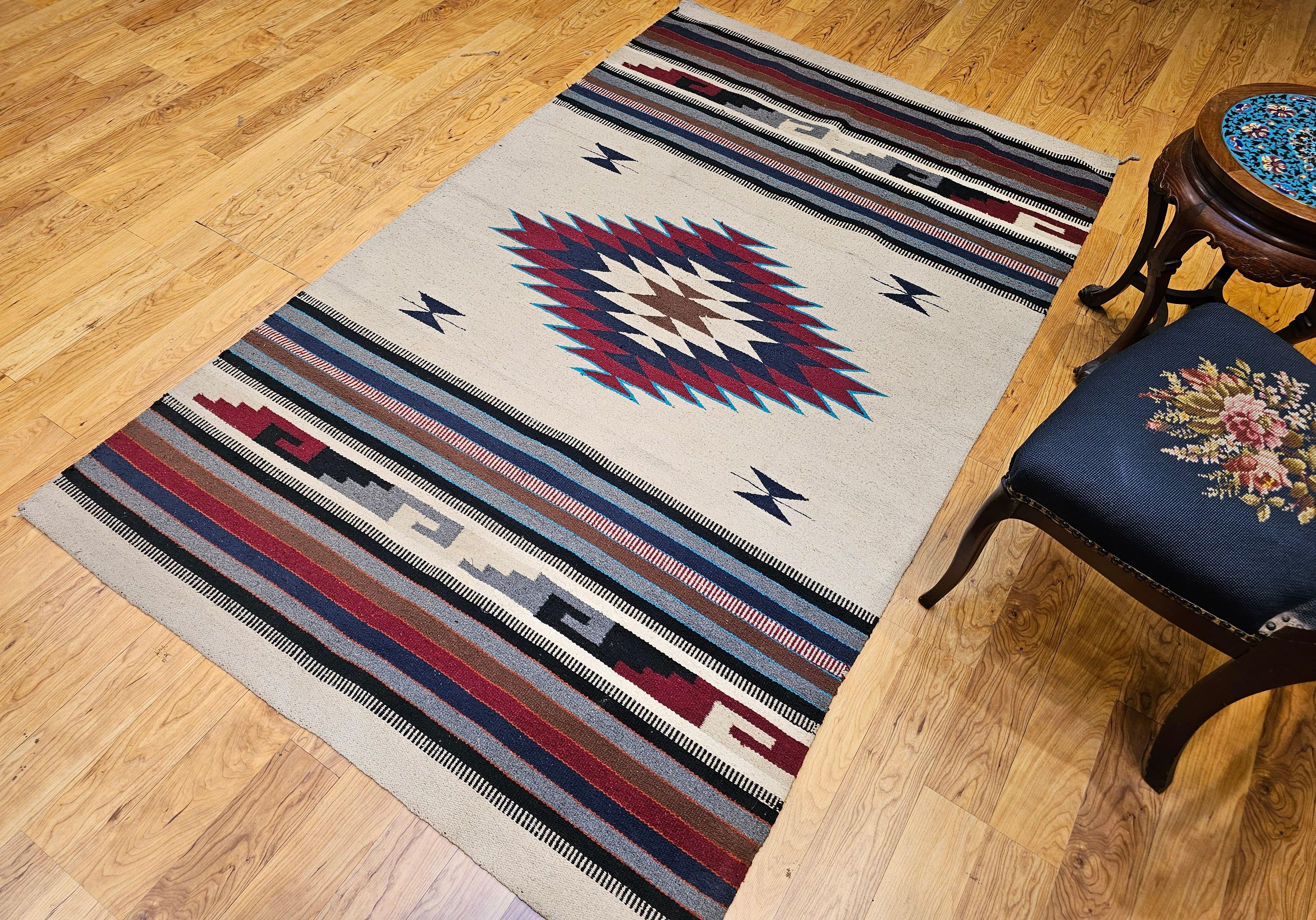 Vintage American Southwestern Saltillo Kilim Rug in Ivory, Burgundy, Turquoise For Sale 14
