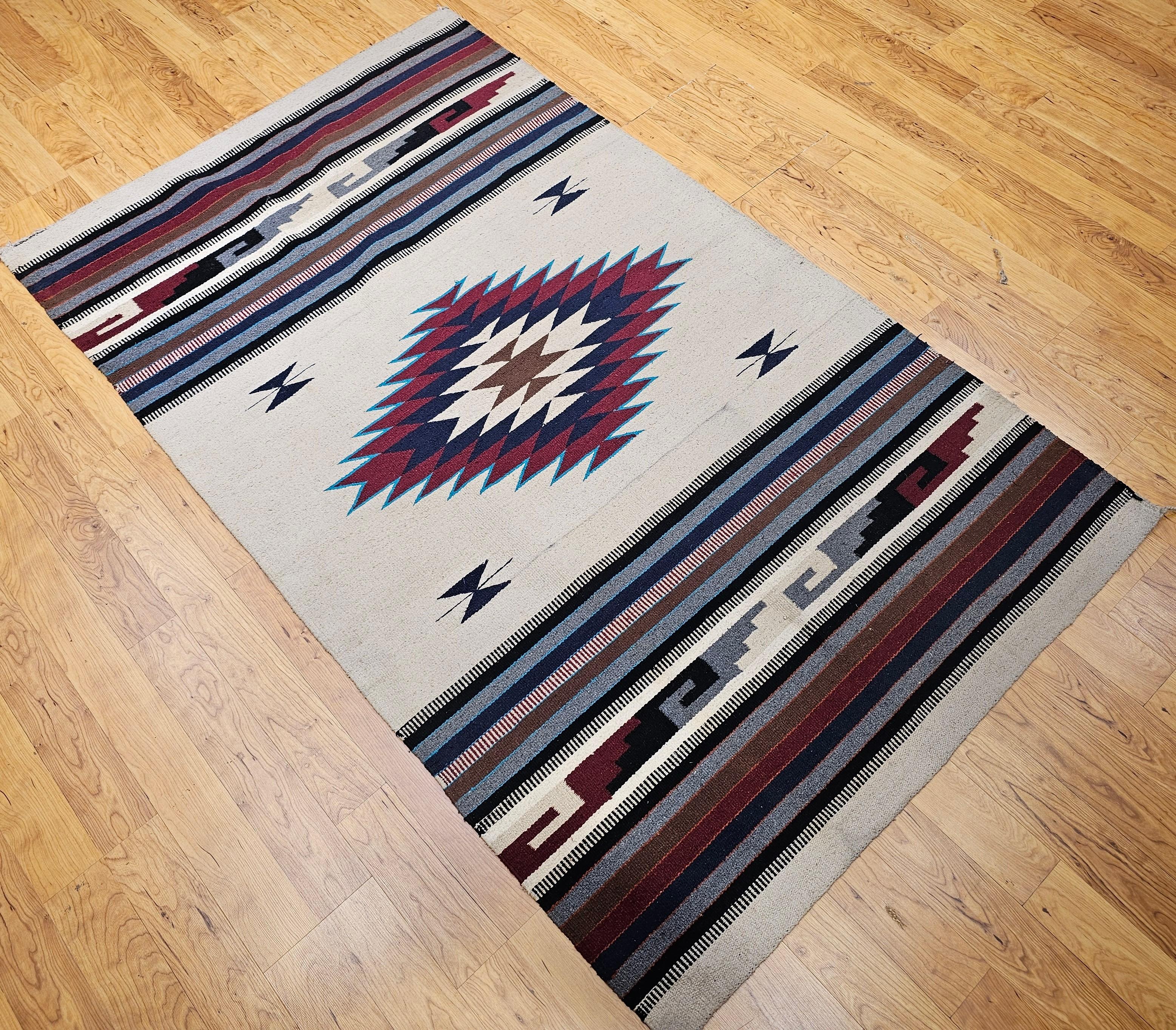 Wool Vintage American Southwestern Saltillo Kilim Rug in Ivory, Burgundy, Turquoise For Sale