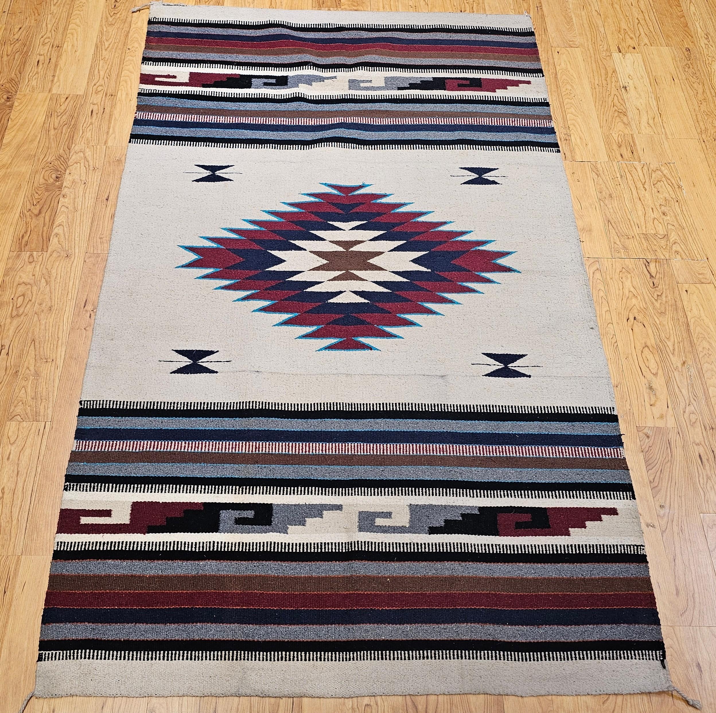 Vintage American Southwestern Saltillo Kilim Rug in Ivory, Burgundy, Turquoise For Sale 1