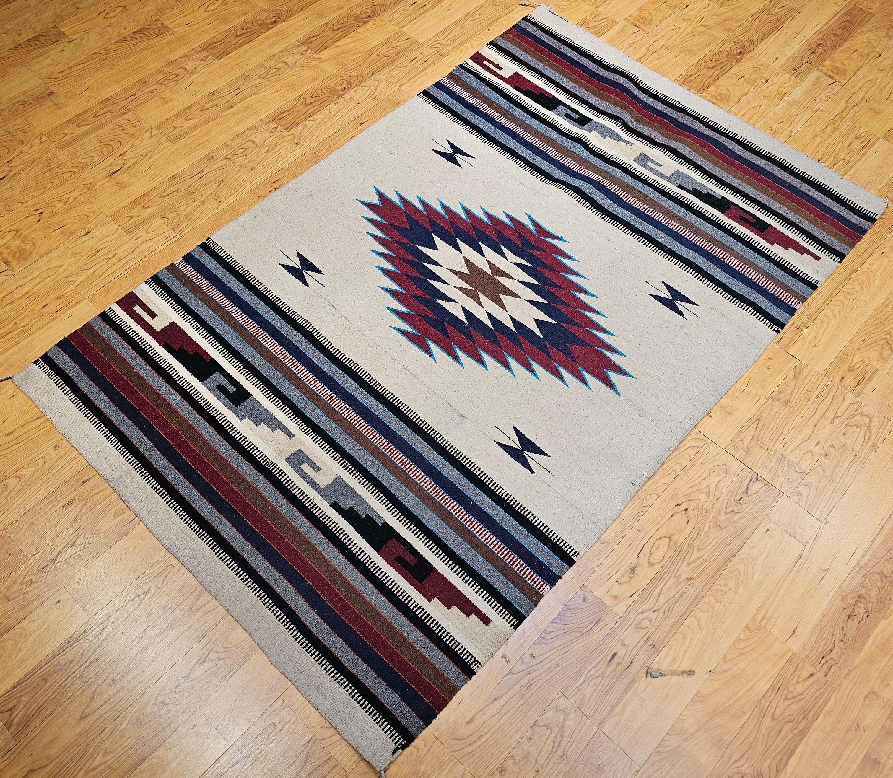 Vintage American Southwestern Saltillo Kilim Rug in Ivory, Burgundy, Turquoise For Sale 2
