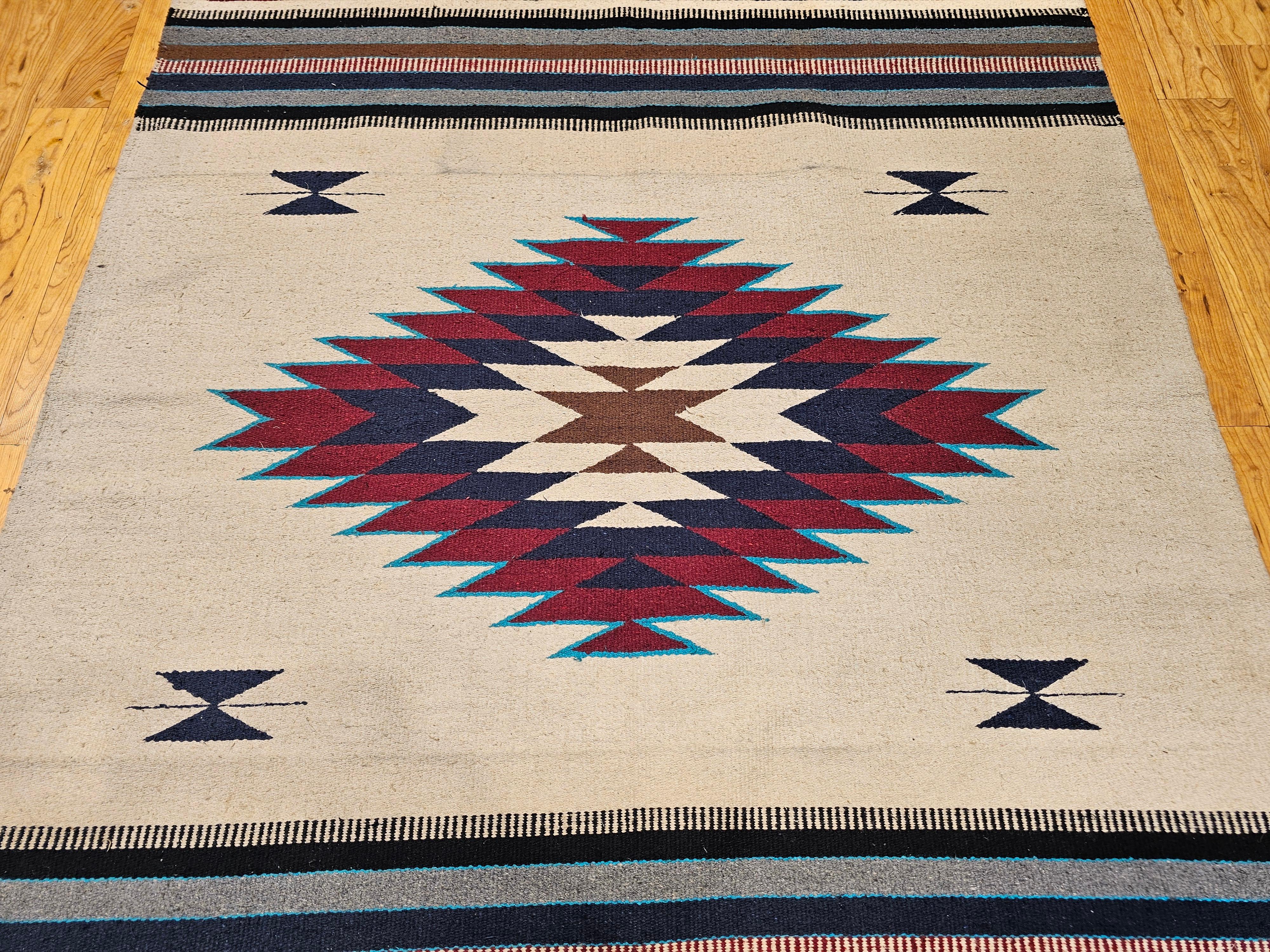 Vintage American Southwestern Saltillo Kilim Rug in Ivory, Burgundy, Turquoise For Sale 7