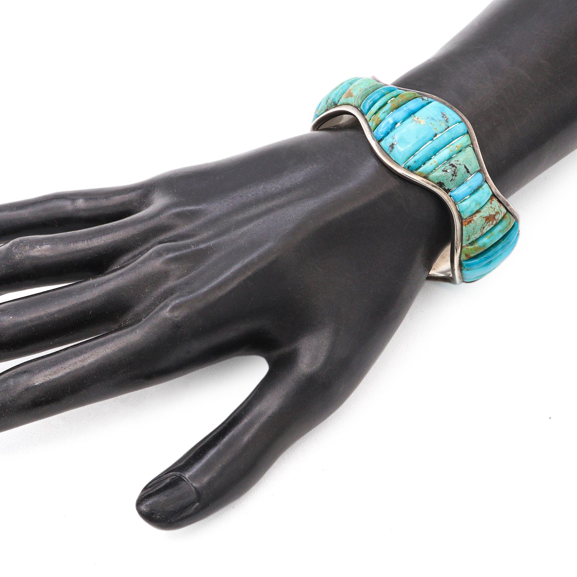 Rough Cut Vintage Southwestern Signed TOLLE Sterling Silver Turquoise Cuff Bracelet For Sale