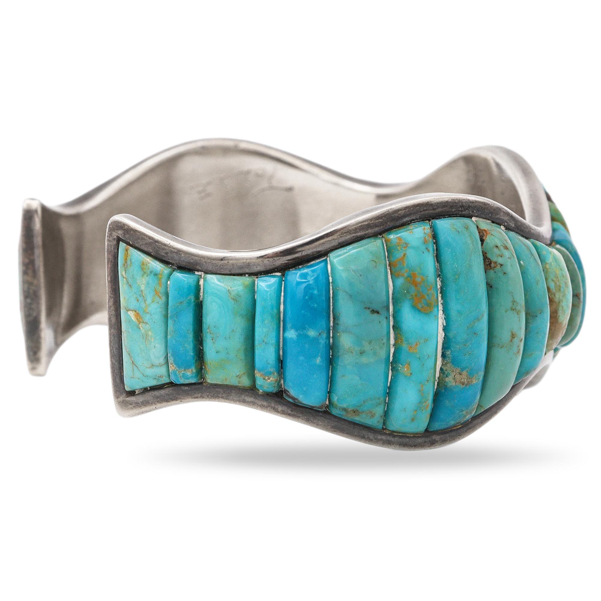 Women's Vintage Southwestern Signed TOLLE Sterling Silver Turquoise Cuff Bracelet For Sale