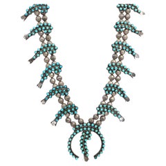 Vintage Southwestern Silver Snake Eye Turquoise Squash Blossom Necklace