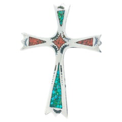 Vintage Southwestern Silver, Turquoise, and Coral Pendant Cross for a Necklace