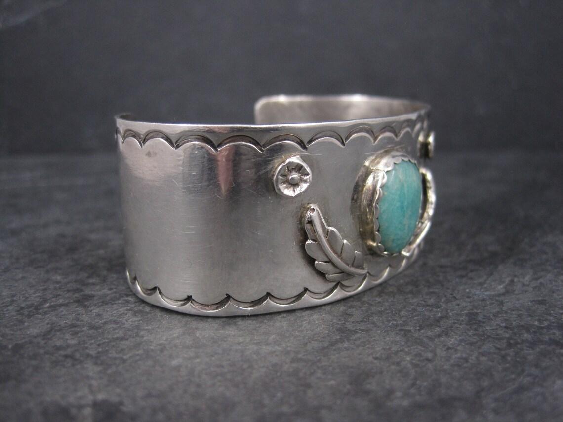 Vintage Southwestern Sterling Amazonite Feather Cuff Bracelet 6 Inches  For Sale 4