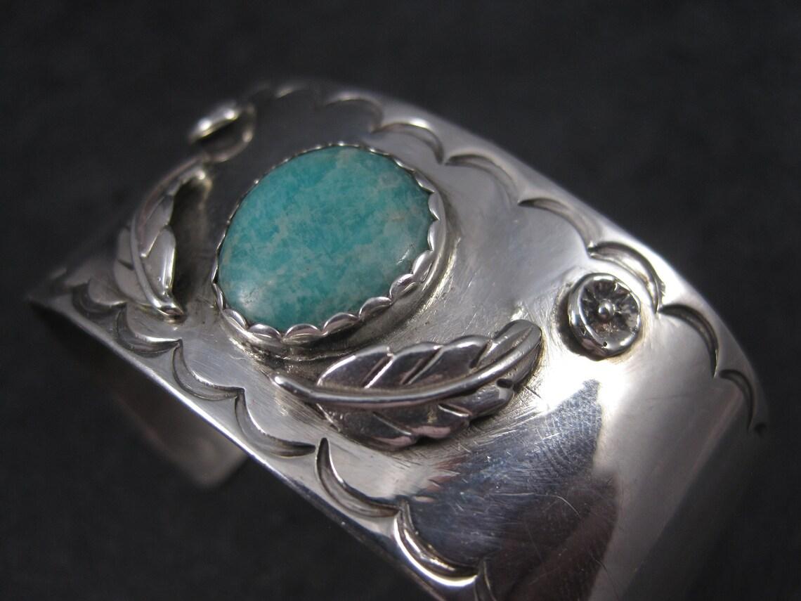 Vintage Southwestern Sterling Amazonite Feather Cuff Bracelet 6 Inches  For Sale 5