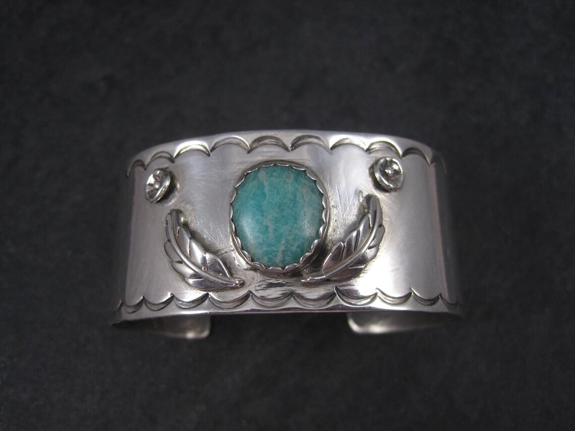 Vintage Southwestern Sterling Amazonite Feather Cuff Bracelet 6 Inches  For Sale 6