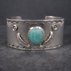 Vintage Southwestern Sterling Amazonite Feather Cuff Bracelet 6 Inches