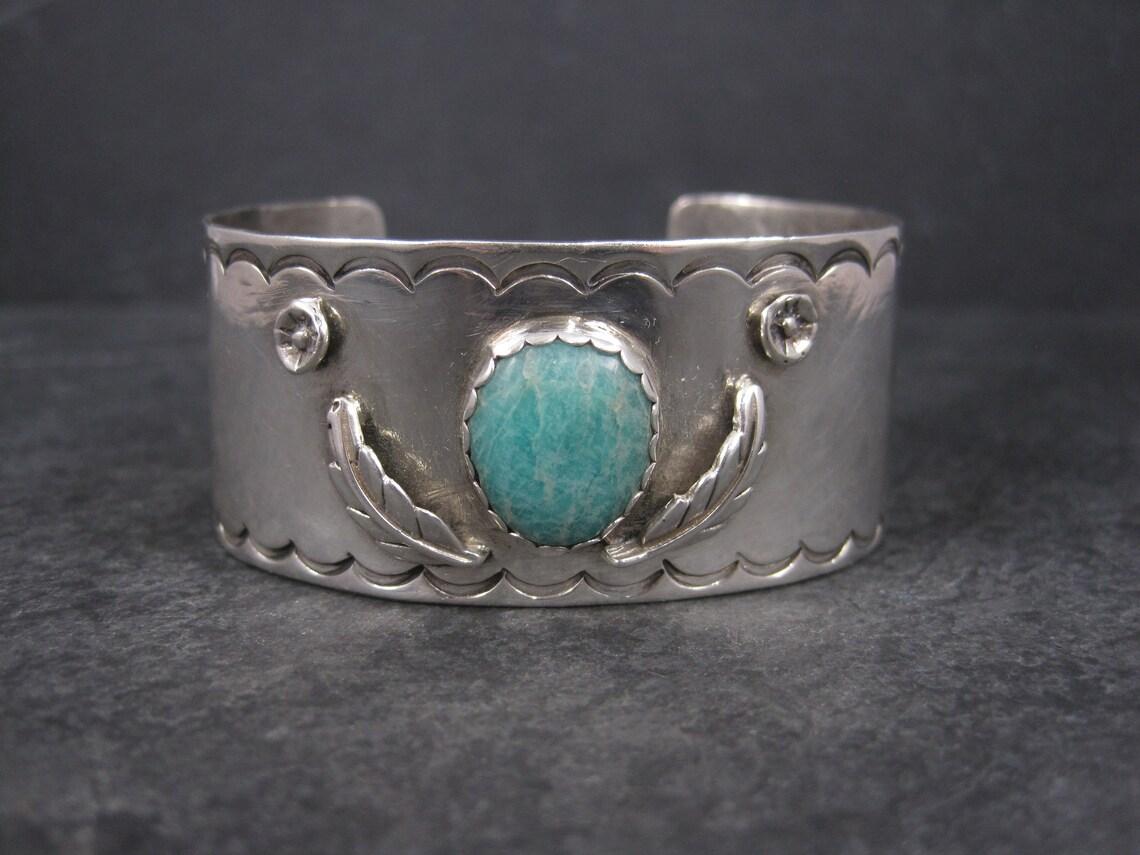 Vintage Southwestern Sterling Amazonite Feather Cuff Bracelet 6 Inches  For Sale 2