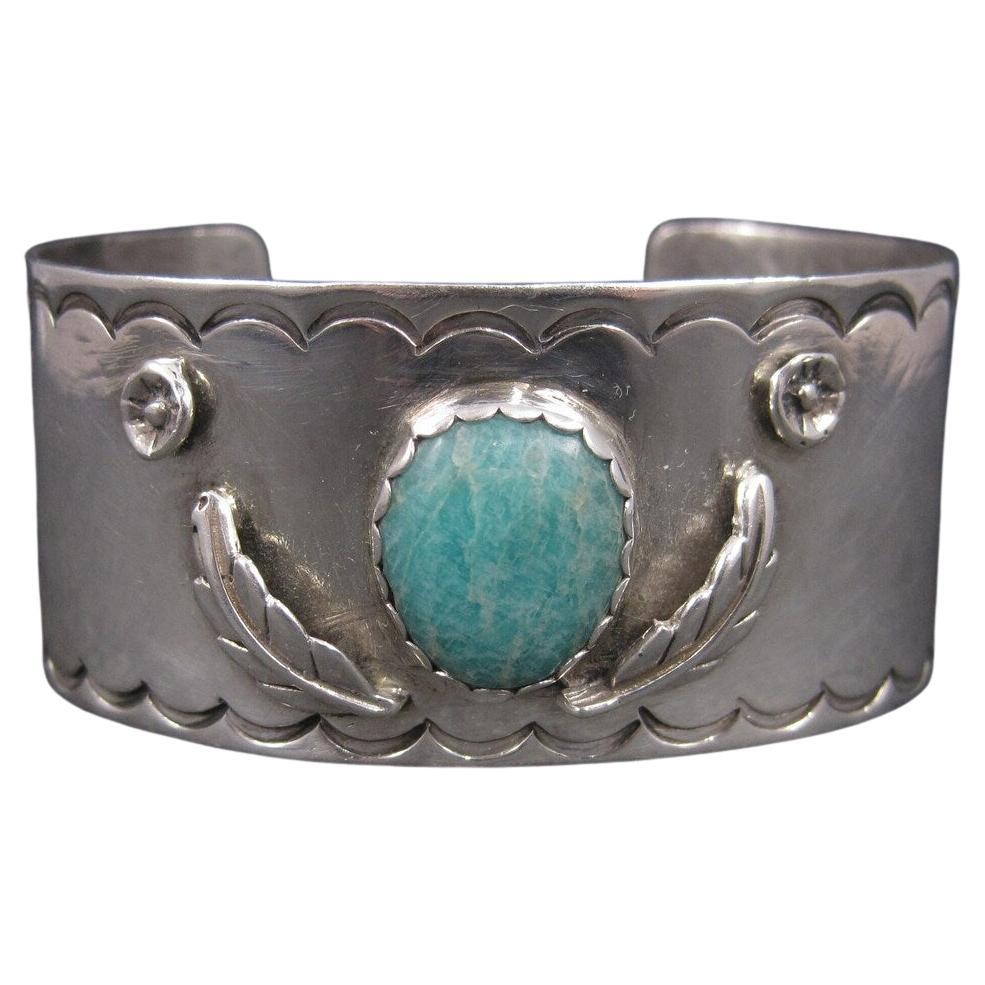 Vintage Southwestern Sterling Amazonite Feather Cuff Bracelet 6 Inches  For Sale
