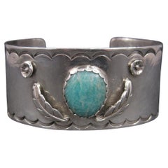 Retro Southwestern Sterling Amazonite Feather Cuff Bracelet 6 Inches 