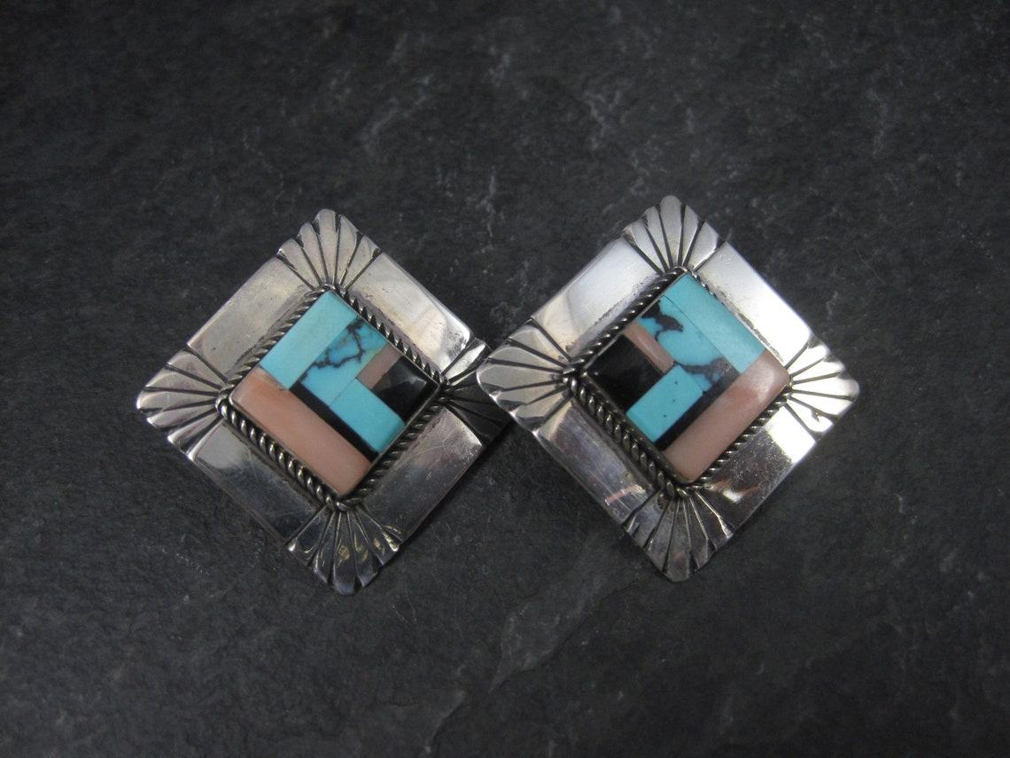 Native American Vintage Southwestern Sterling Inlay Clip On Earrings For Sale